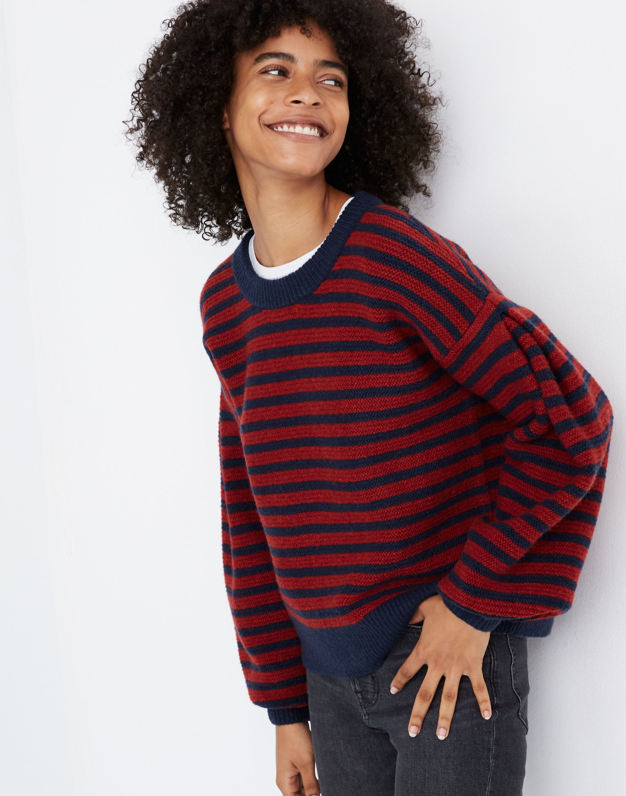 Striped Grady Balloon-Sleeve Pullover Sweater in Coziest Yarn