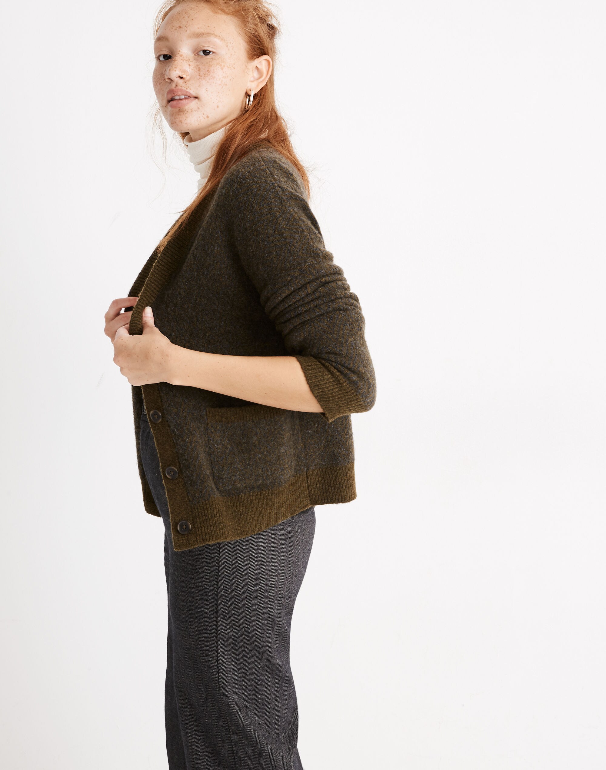 Short Kent Ex-Boyfriend Cardigan Sweater in Tonal Herringbone