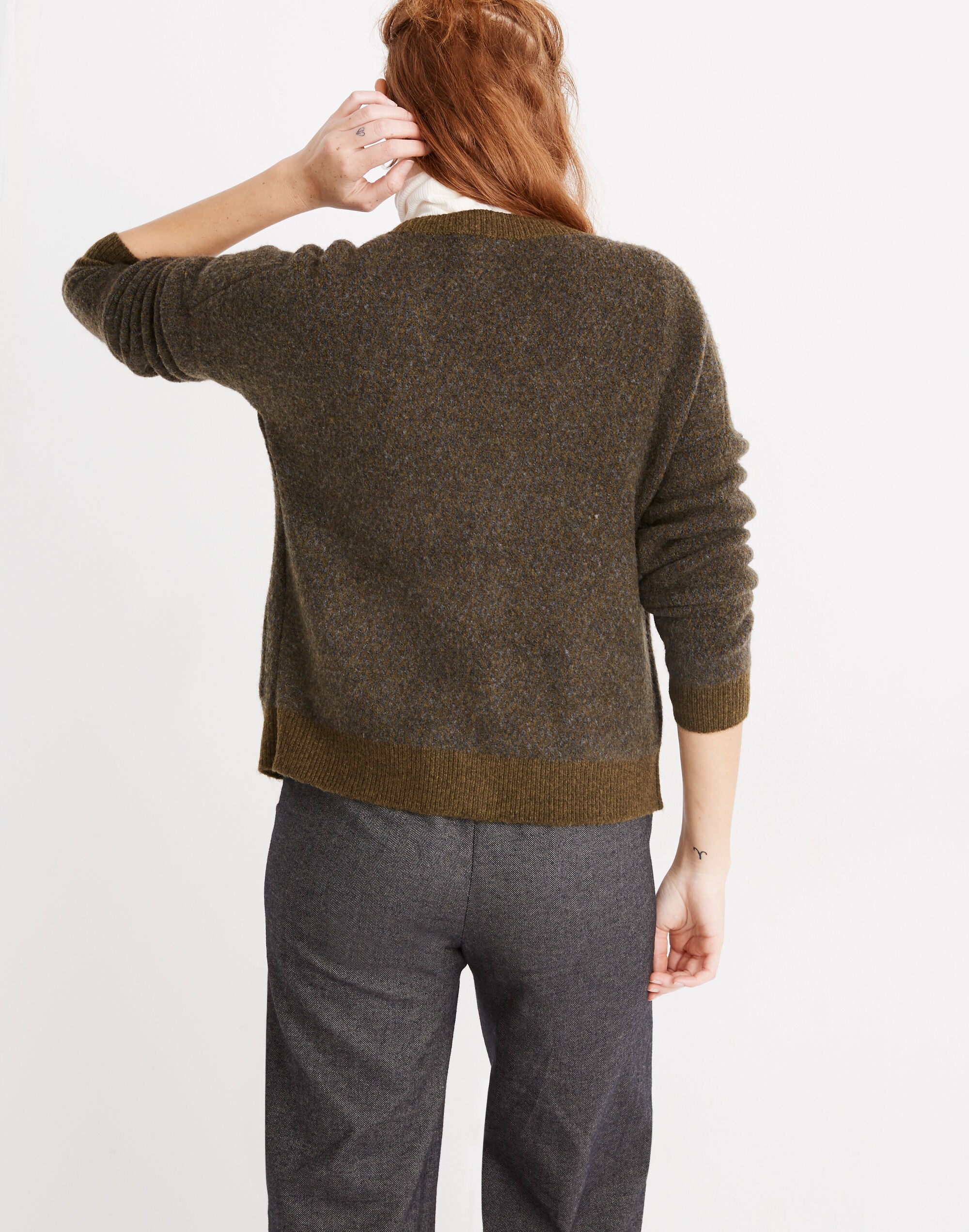 Short Kent Ex-Boyfriend Cardigan Sweater in Tonal Herringbone