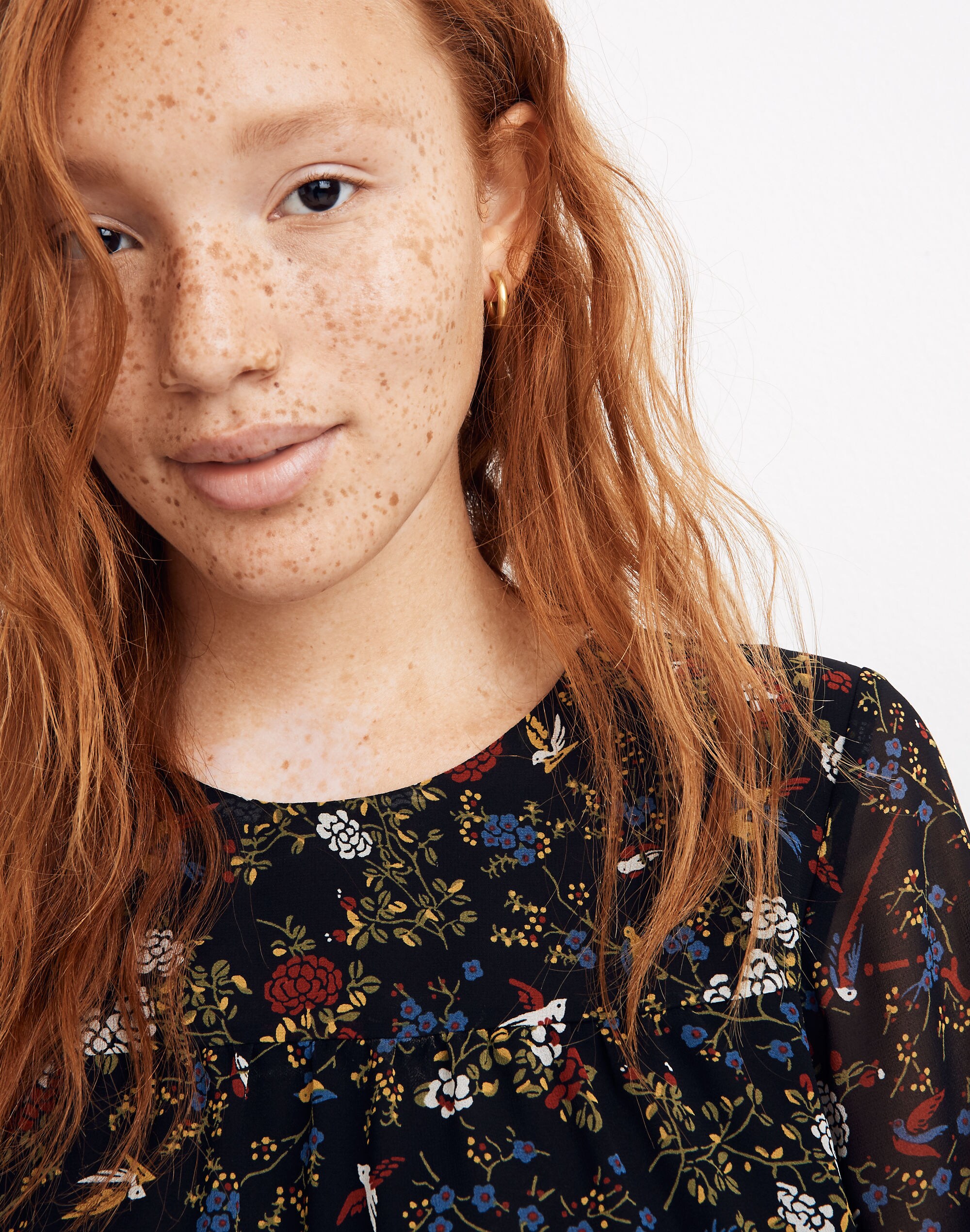 Sheer-Sleeve Ruffle Peplum Top in Finch Floral