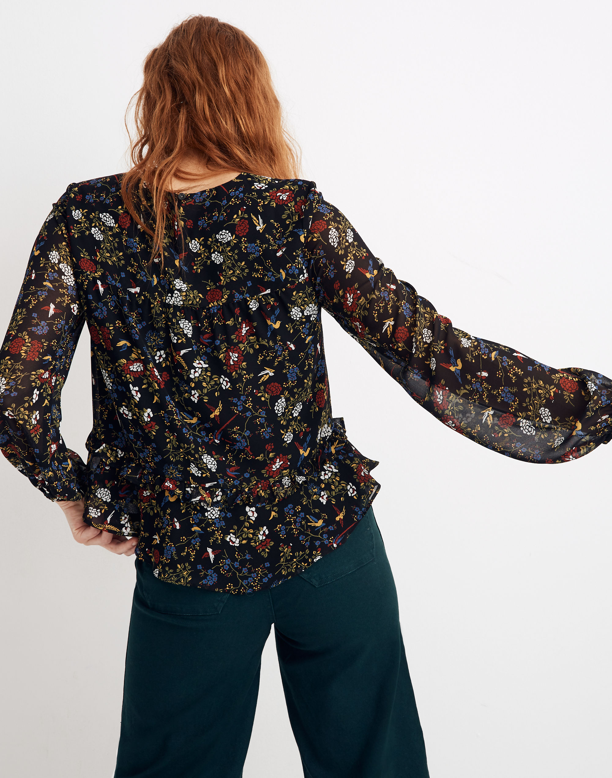Sheer-Sleeve Ruffle Peplum Top in Finch Floral