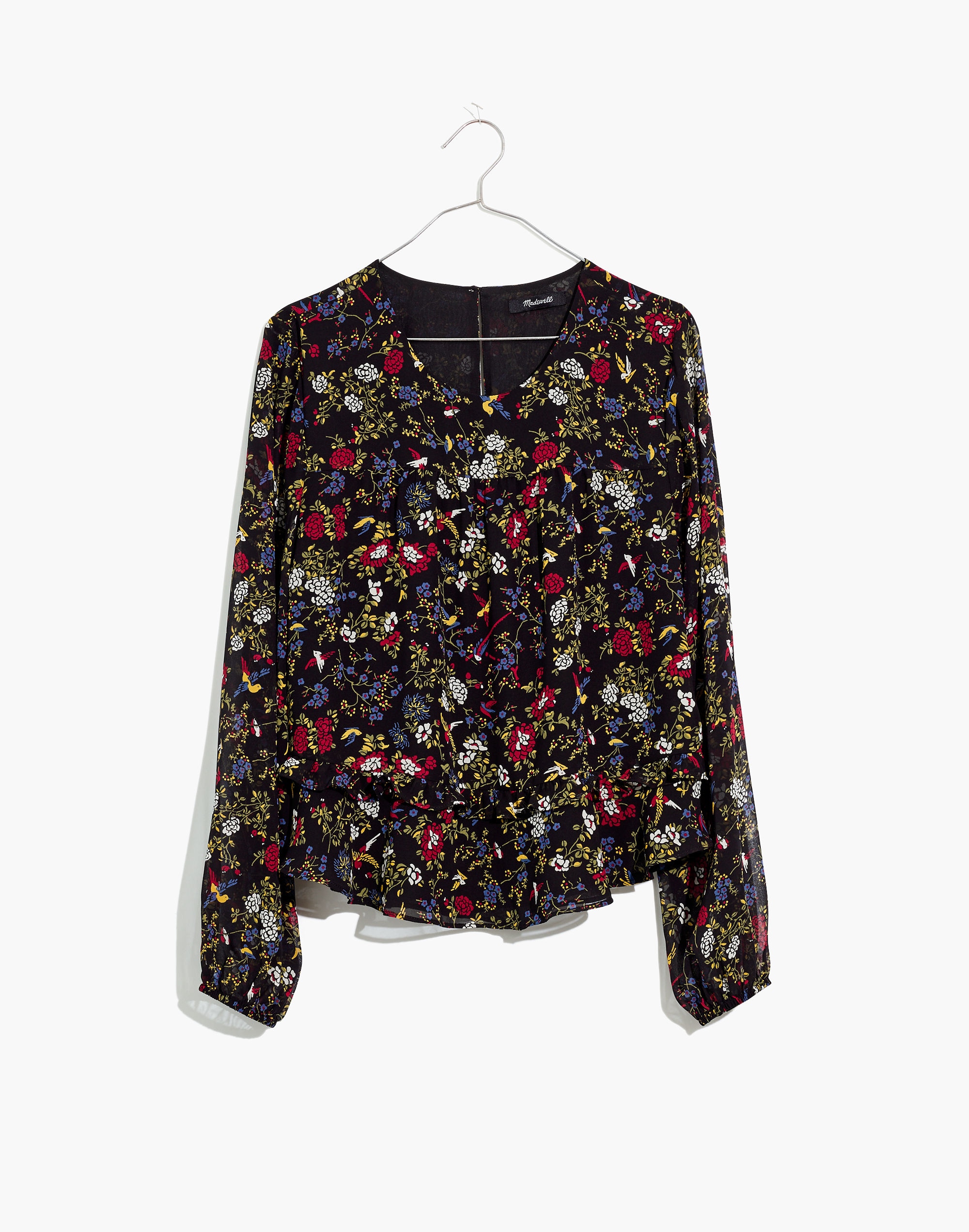 Sheer-Sleeve Ruffle Peplum Top in Finch Floral