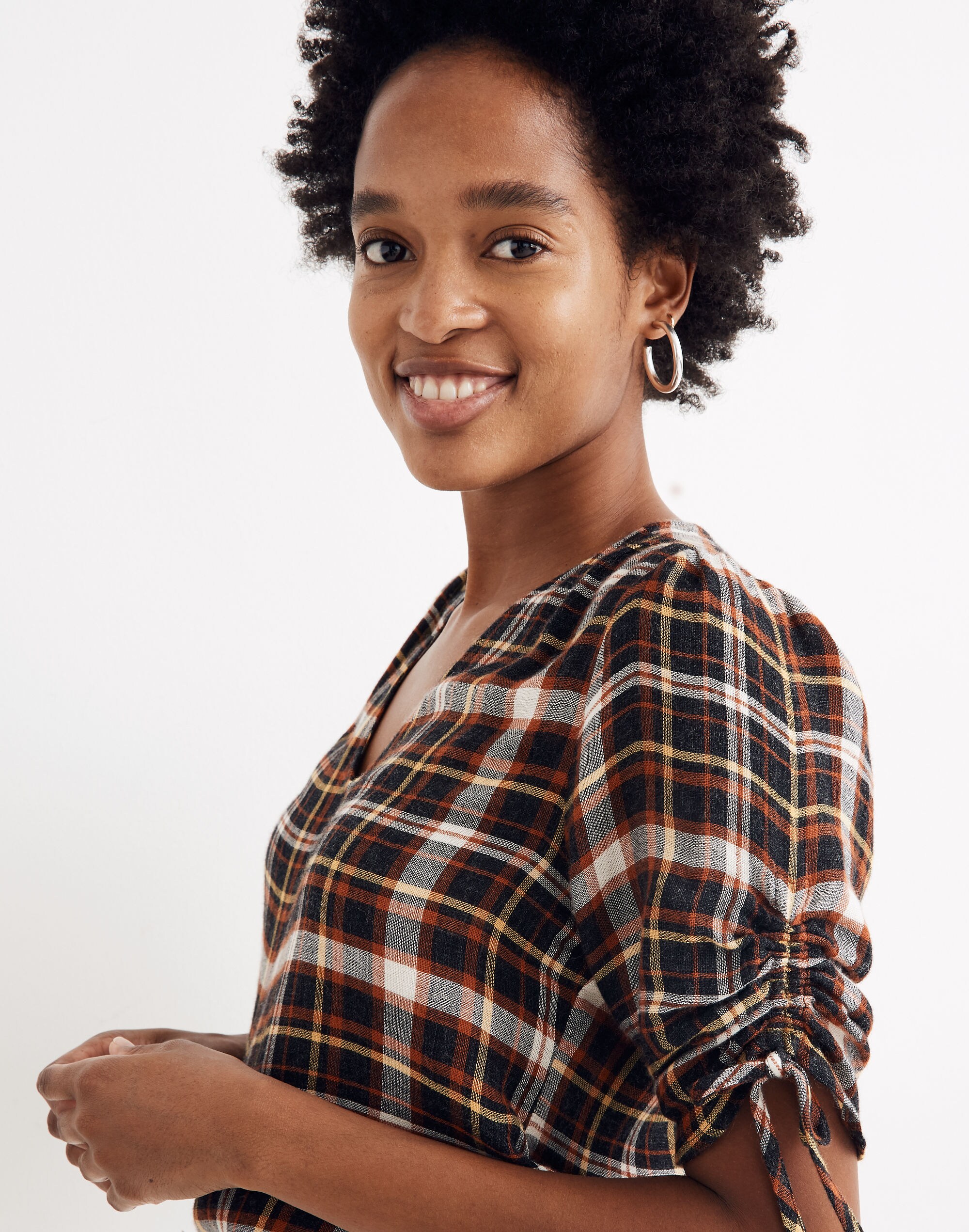 Plaid Cinch-Sleeve Top