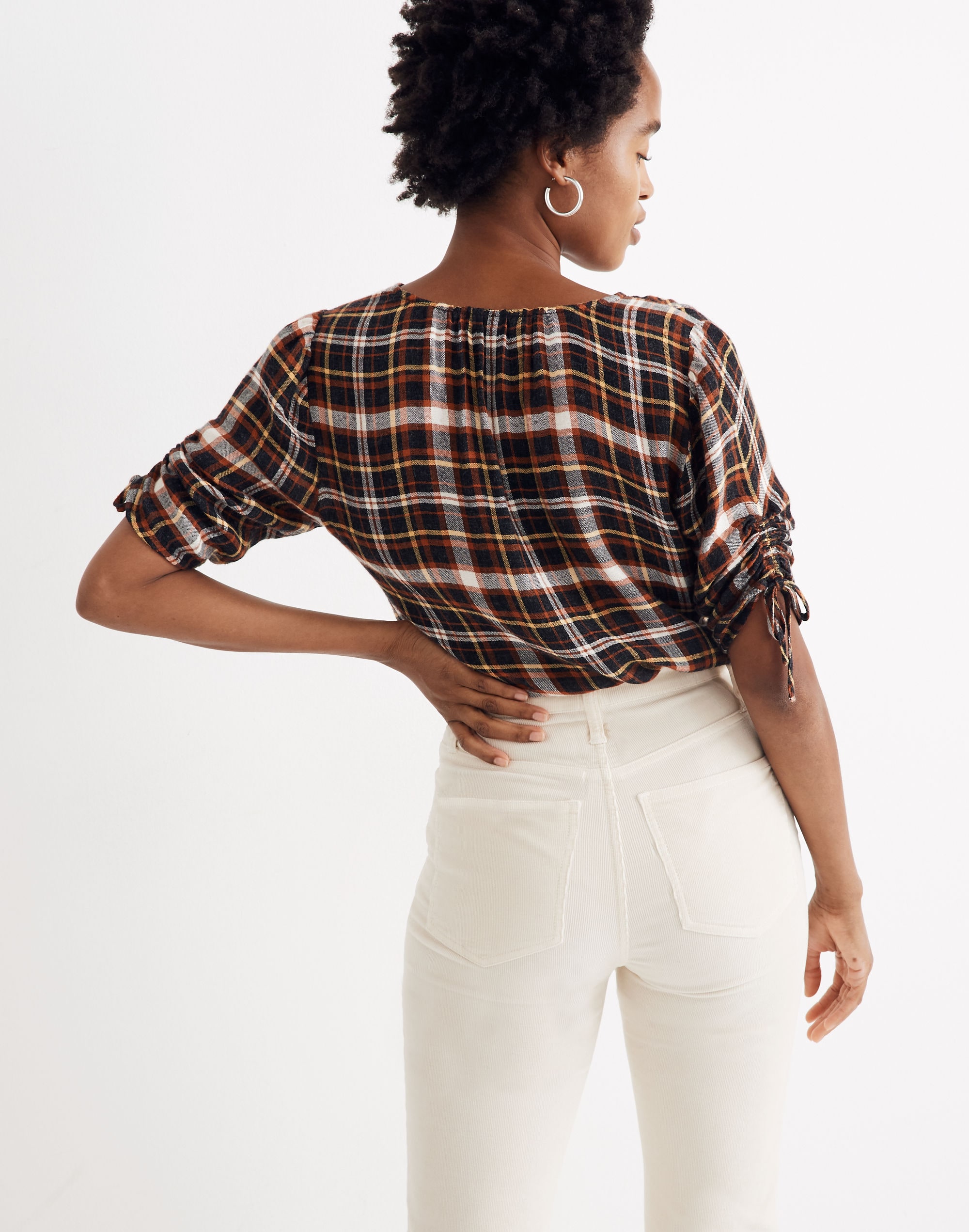 Plaid Cinch-Sleeve Top