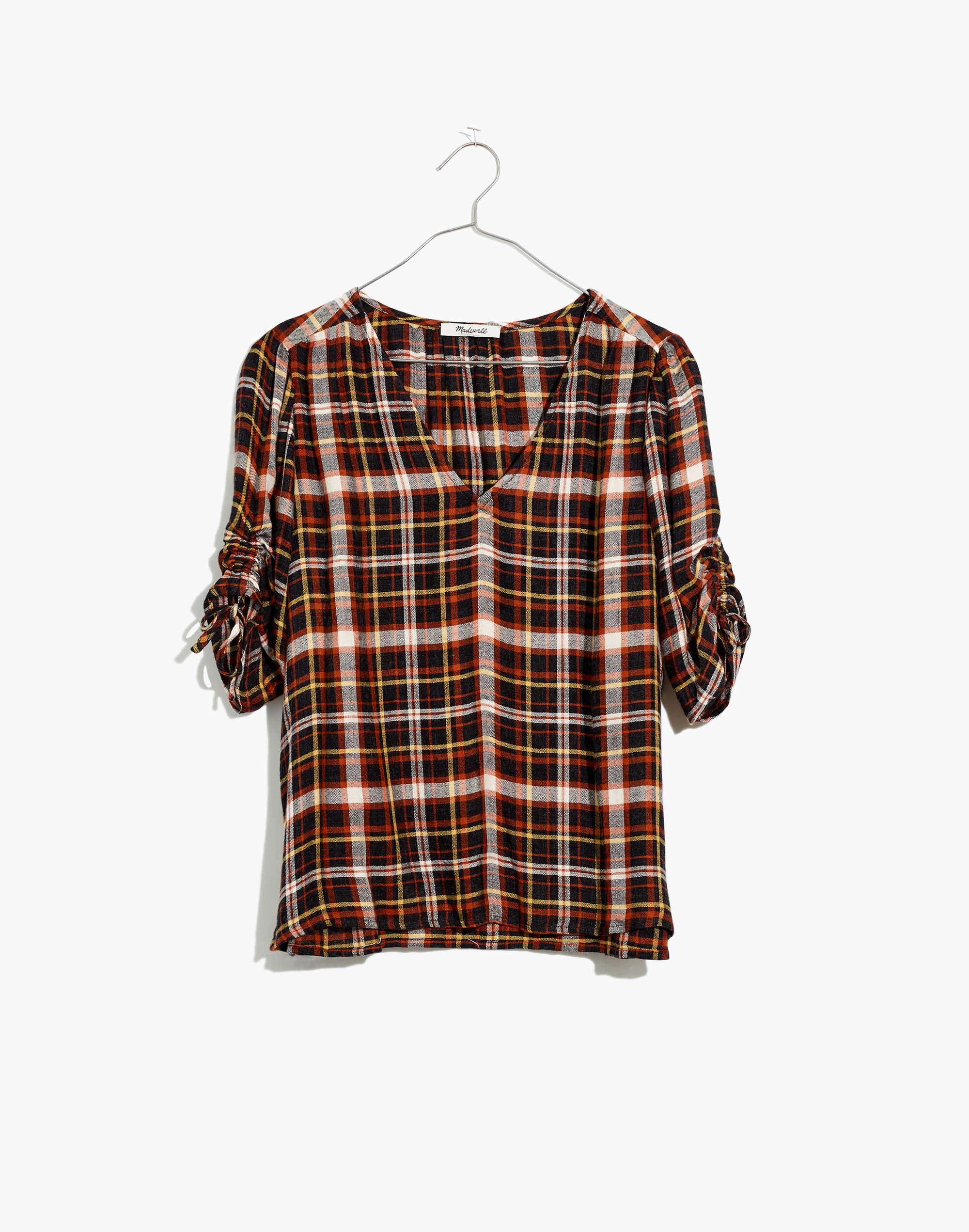 Plaid Cinch-Sleeve Top
