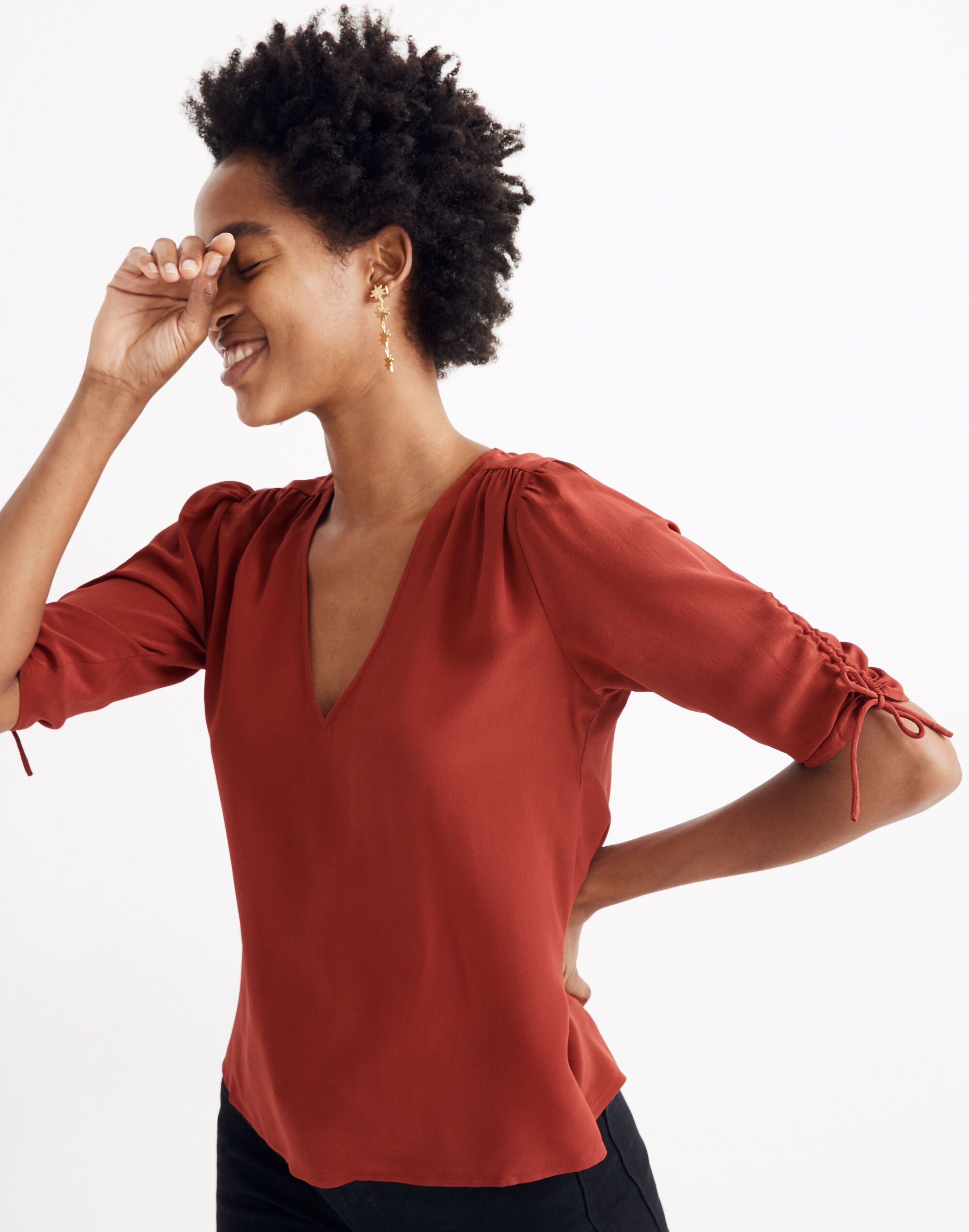 Silk Cinch-Sleeve Top