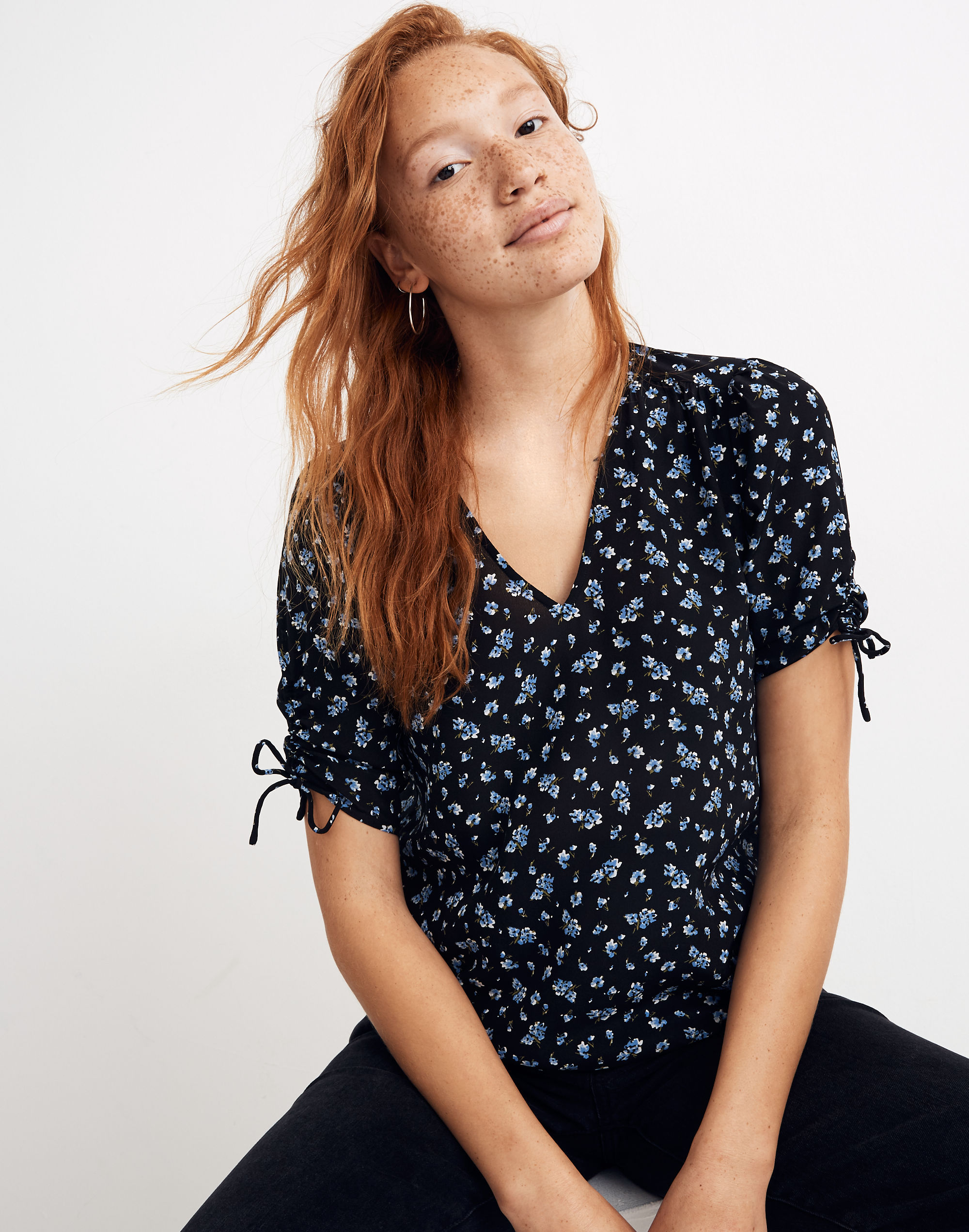 Silk Cinch-Sleeve Top in Baby's Breath