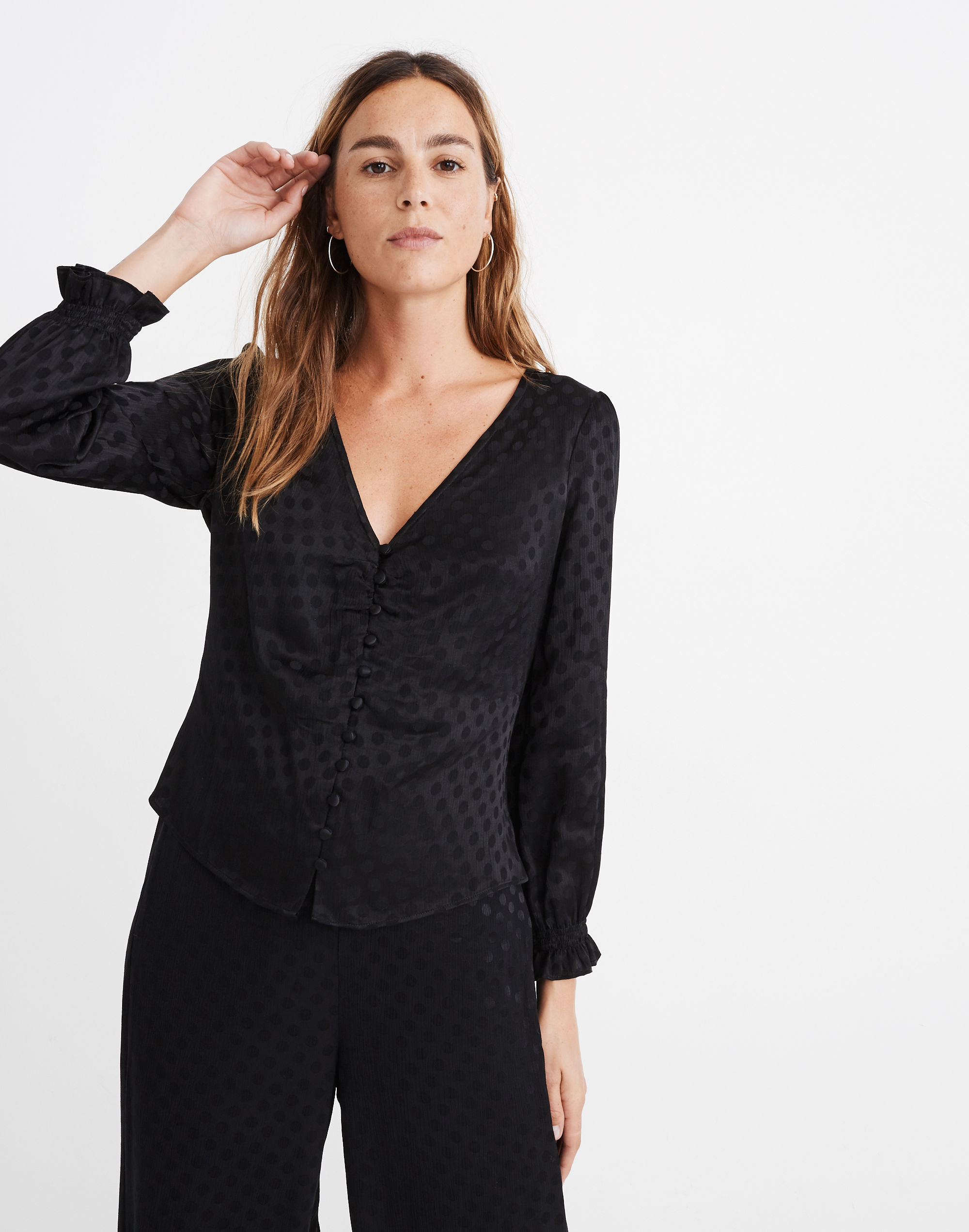 smocked-sleeve daylight top in woven dot