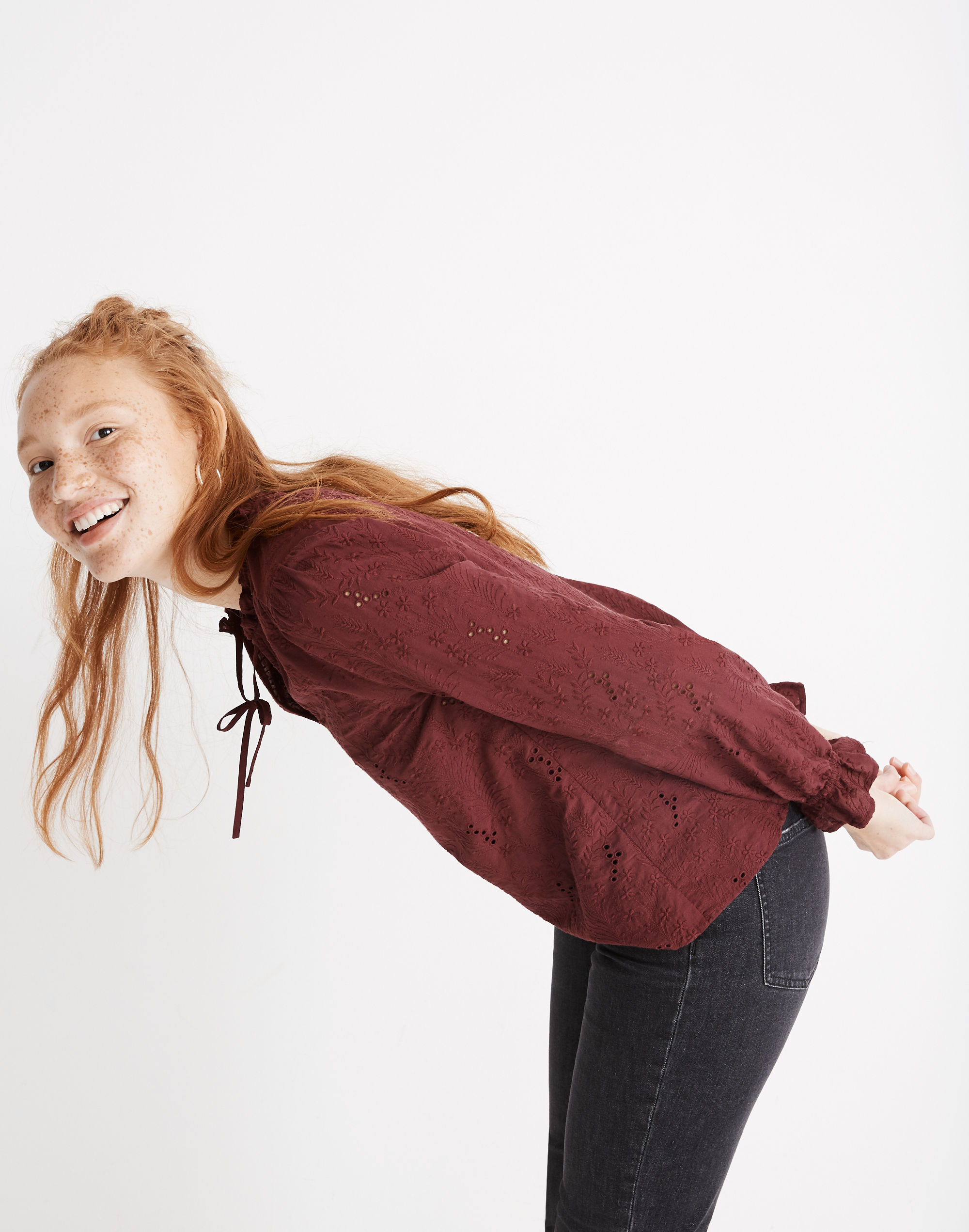 Embroidered Eyelet Ruffled Popover Top