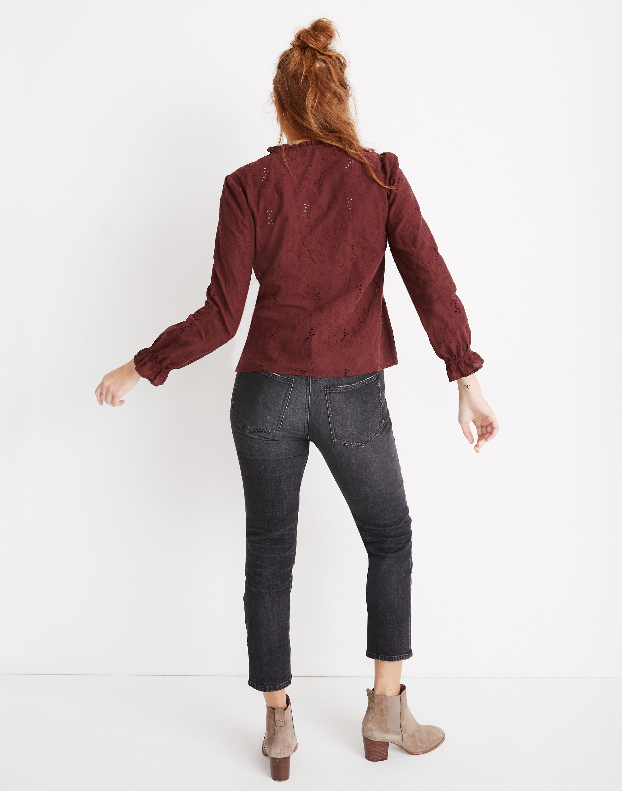 Embroidered Eyelet Ruffled Popover Top