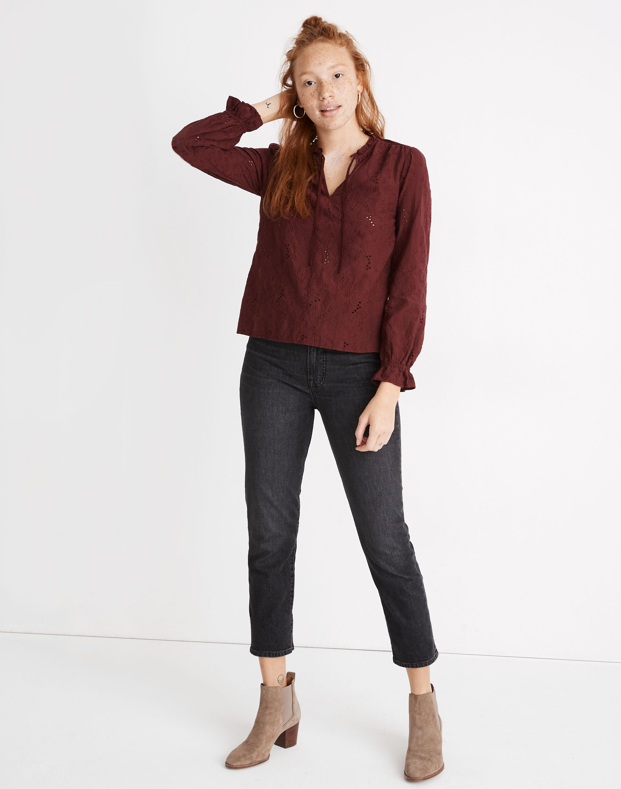 Embroidered Eyelet Ruffled Popover Top