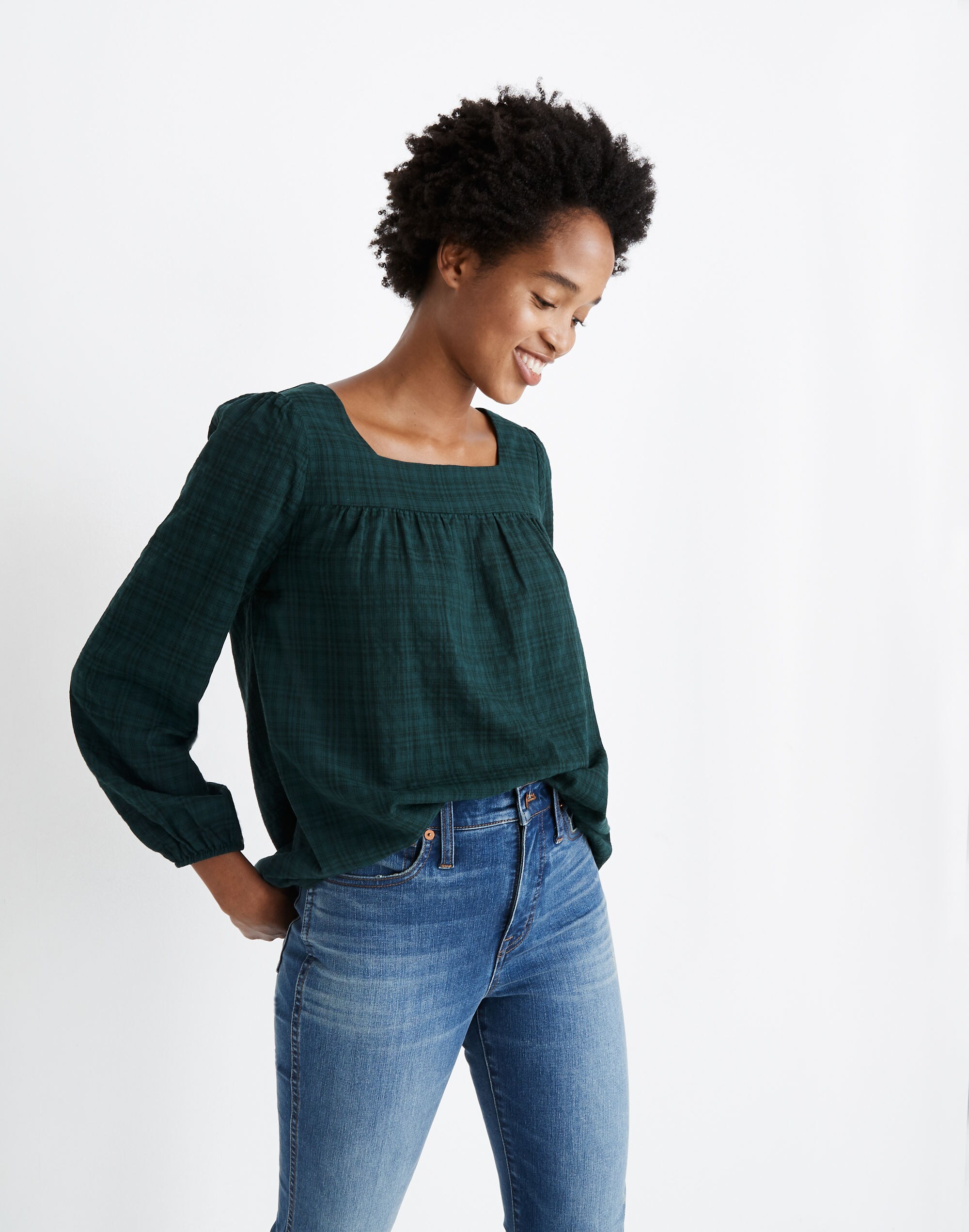 Plaid Square-Neck Peasant Top