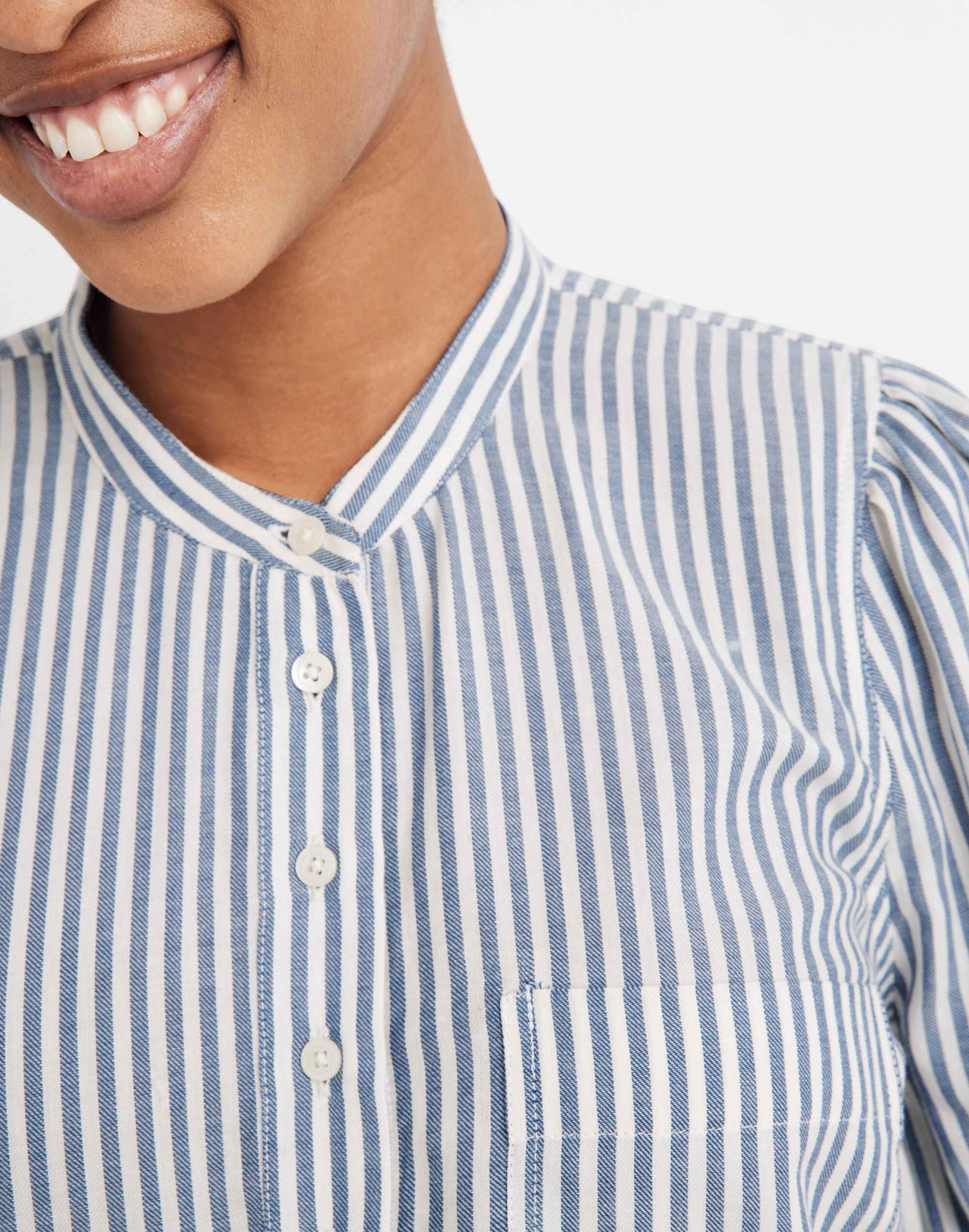 Puff-Sleeve Popover Shirt in Railroad Stripe