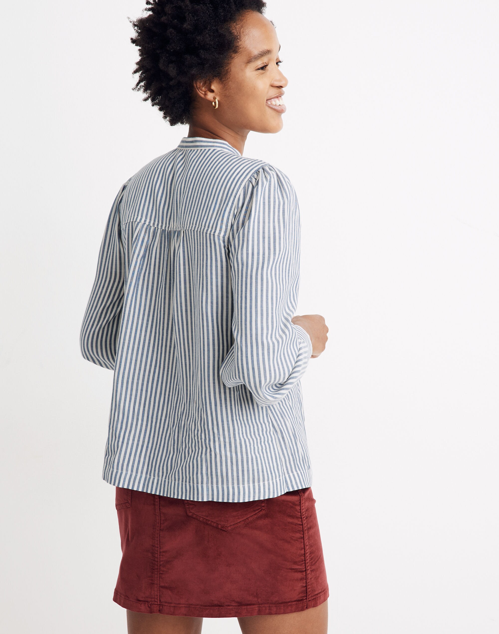 Puff-Sleeve Popover Shirt in Railroad Stripe