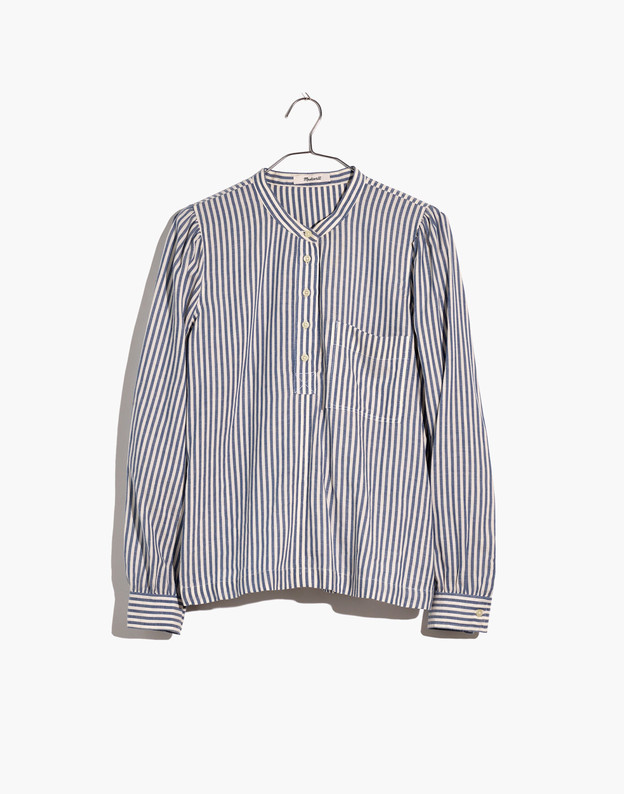 Puff-Sleeve Popover Shirt in Railroad Stripe