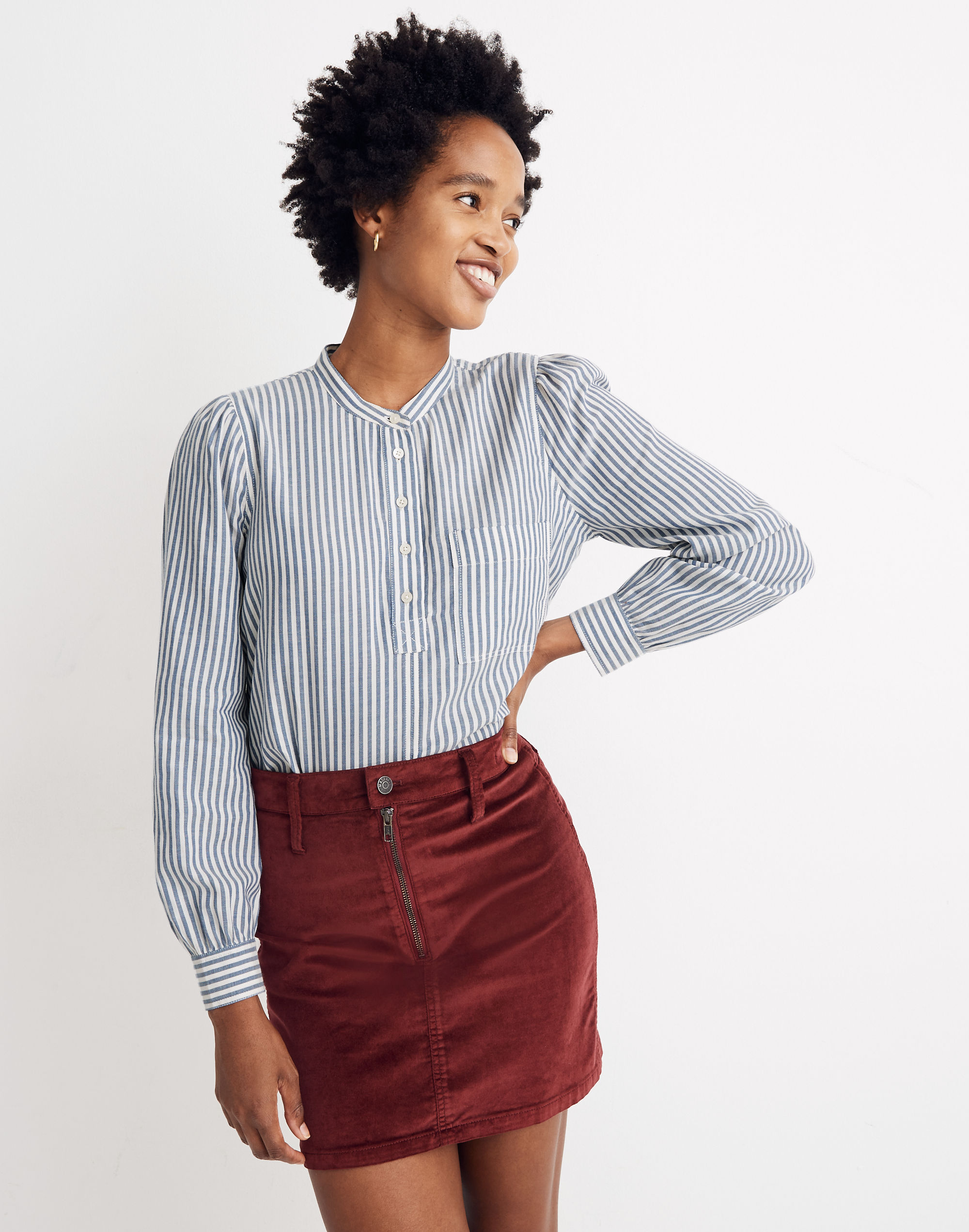 Puff-Sleeve Popover Shirt in Railroad Stripe