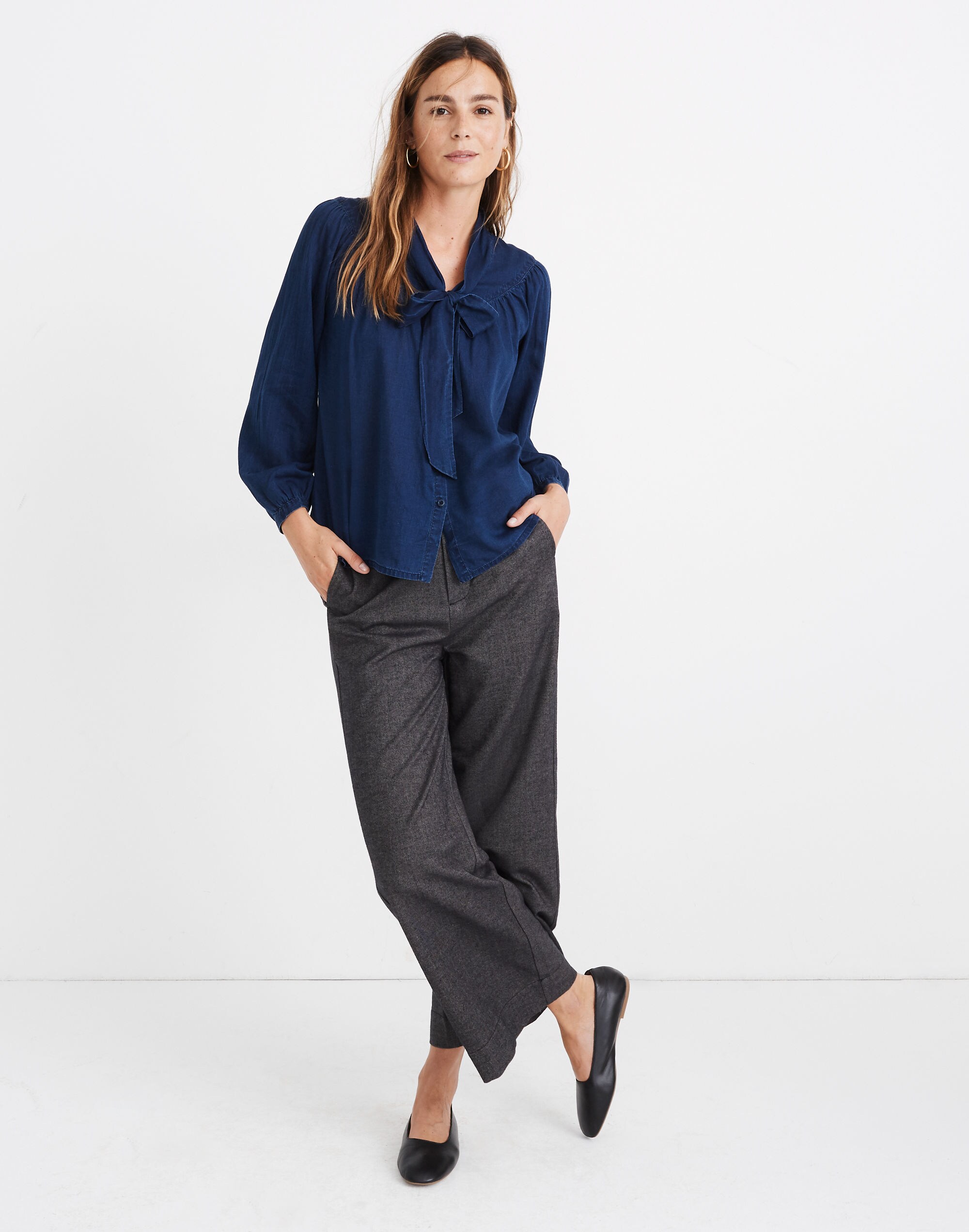 indigo tie-neck shirt