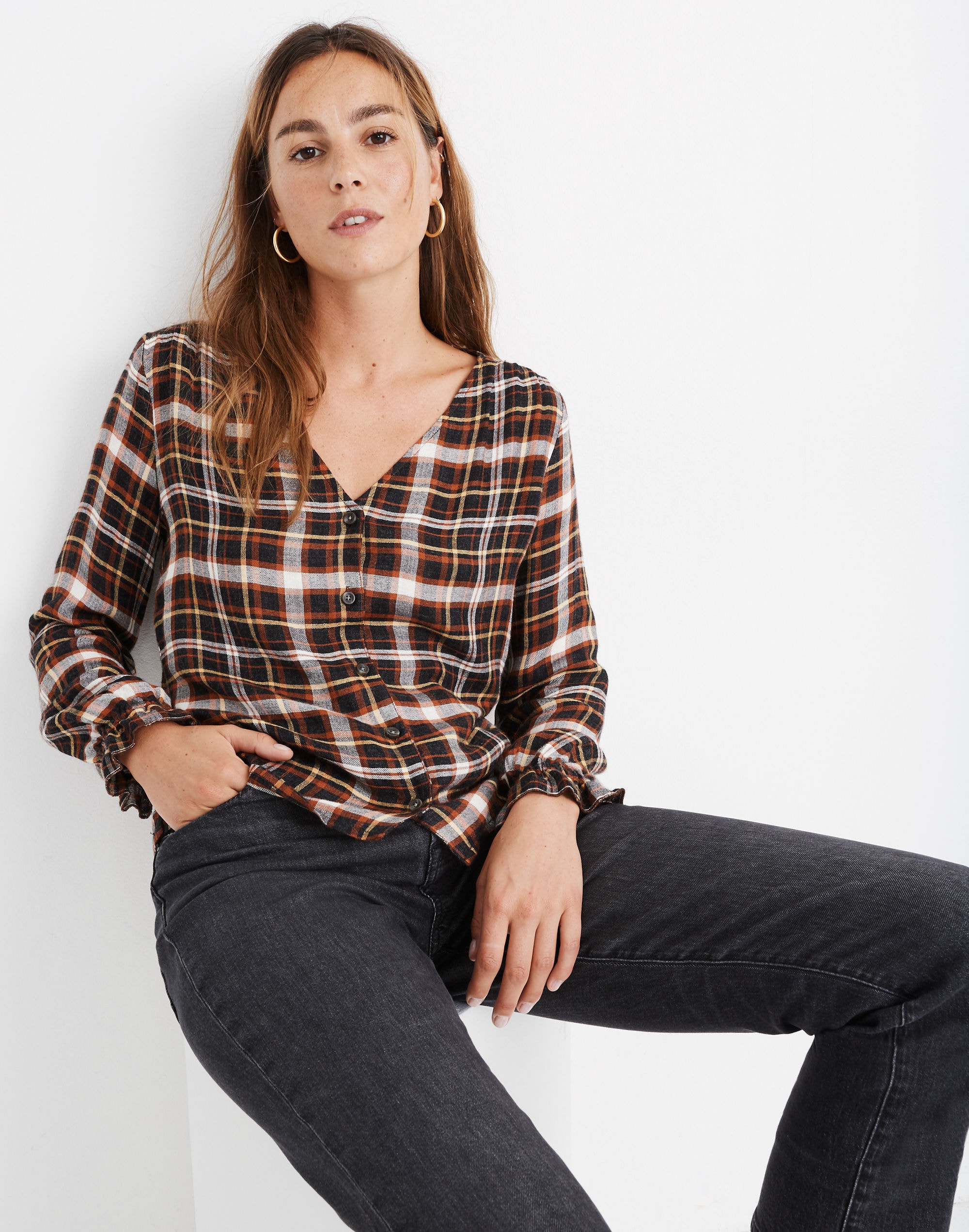 Plaid Ruffle-Cuff V-Neck Top