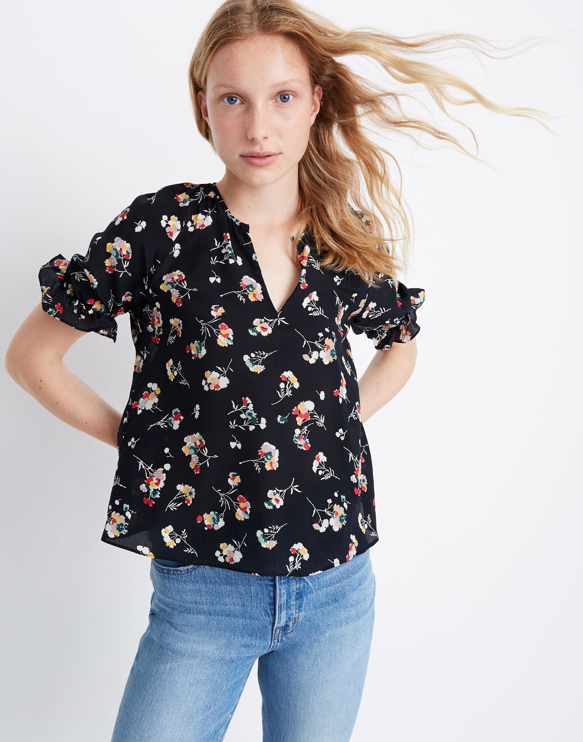 silk notched ruffle-cuff top in carnation toss