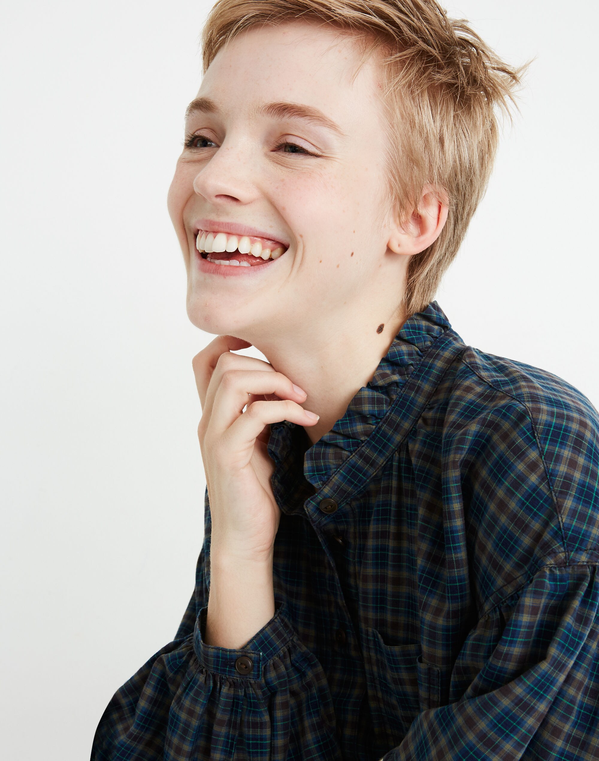 Plaid Ruffle-Neck Popover Top