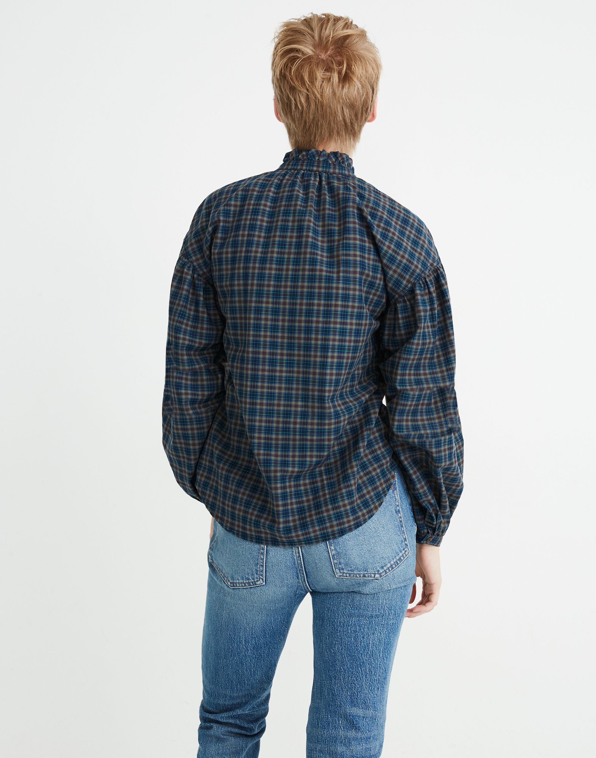 Plaid Ruffle-Neck Popover Top