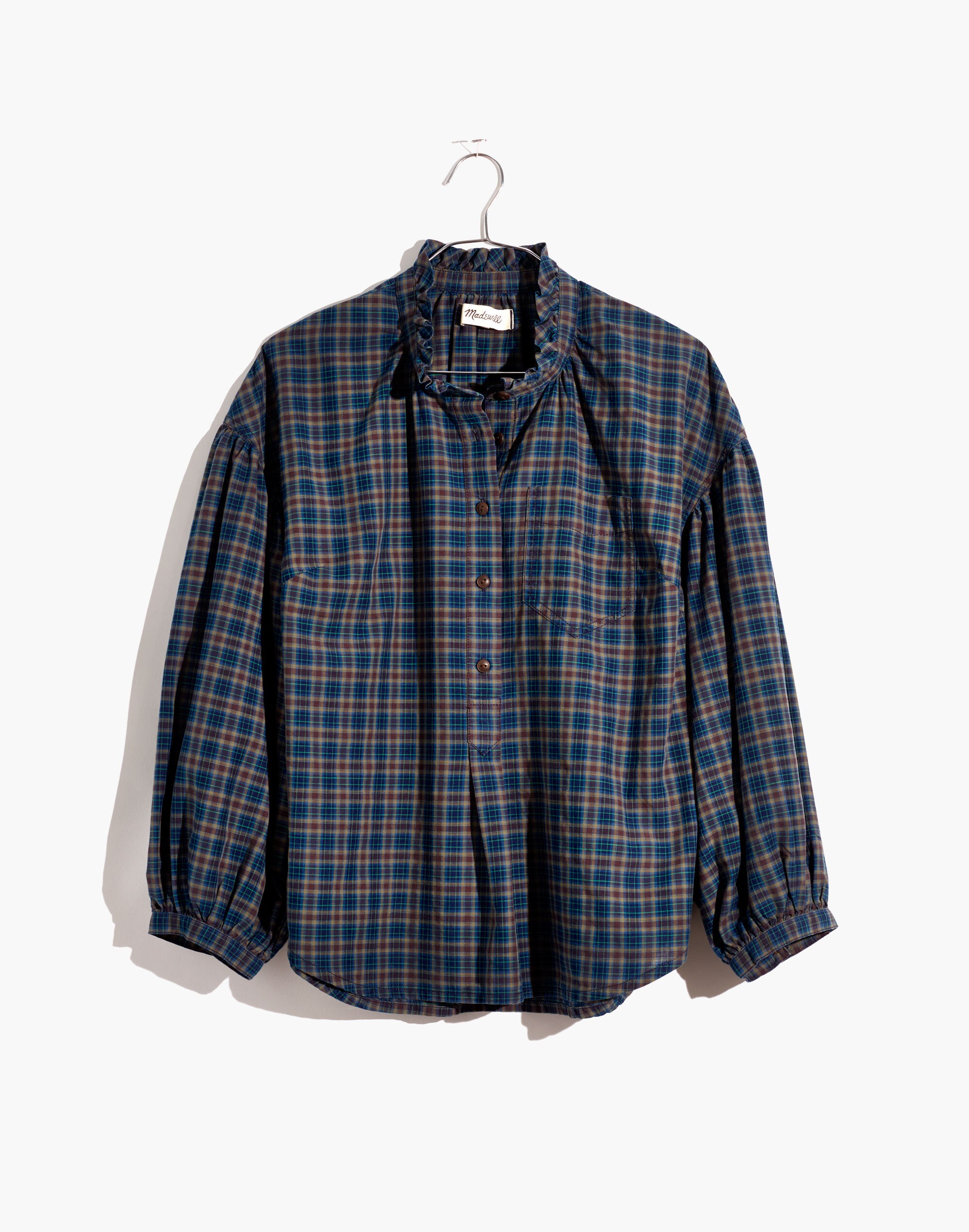 Plaid Ruffle-Neck Popover Top