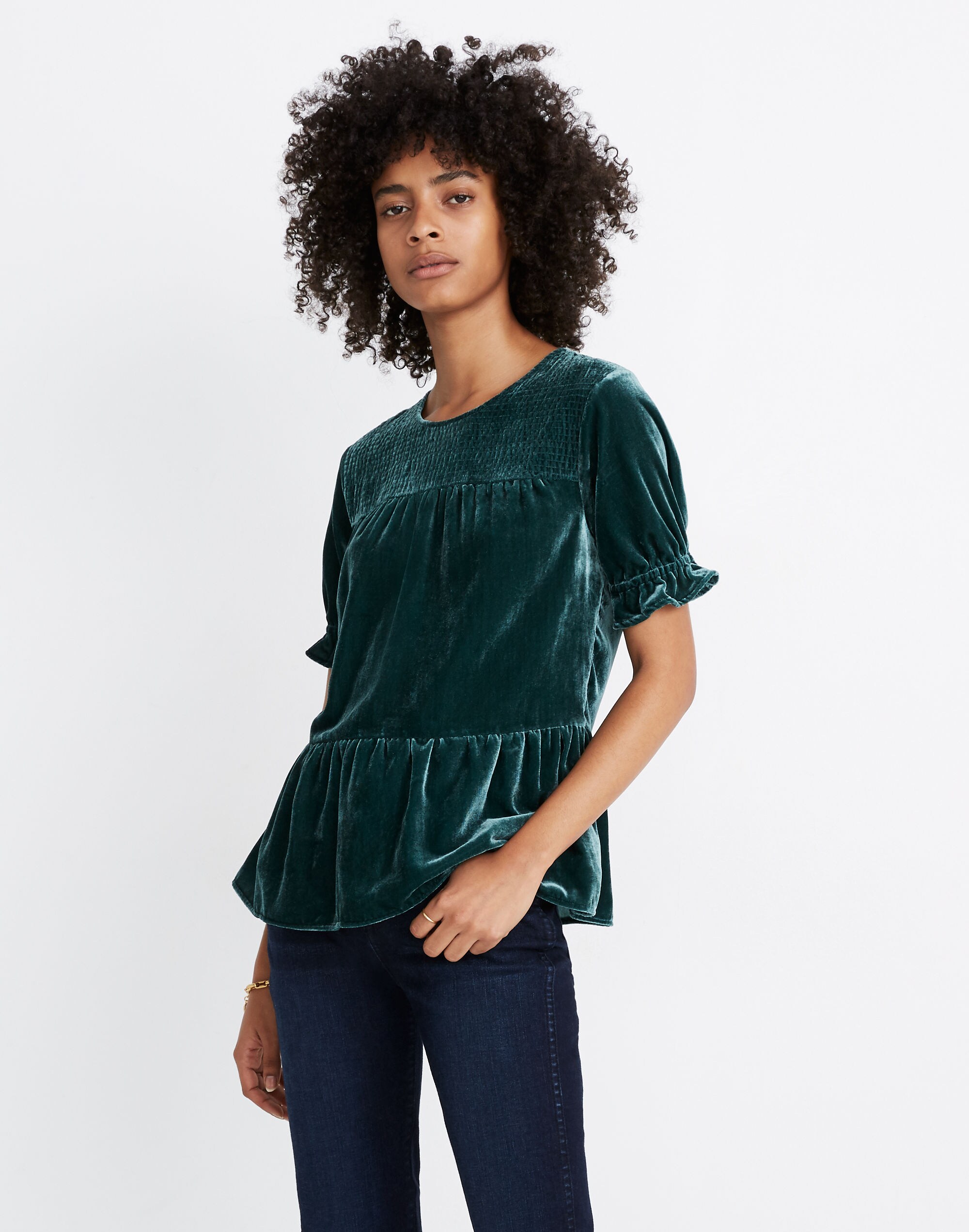 Velvet Smocked-Yoke Tiered Top
