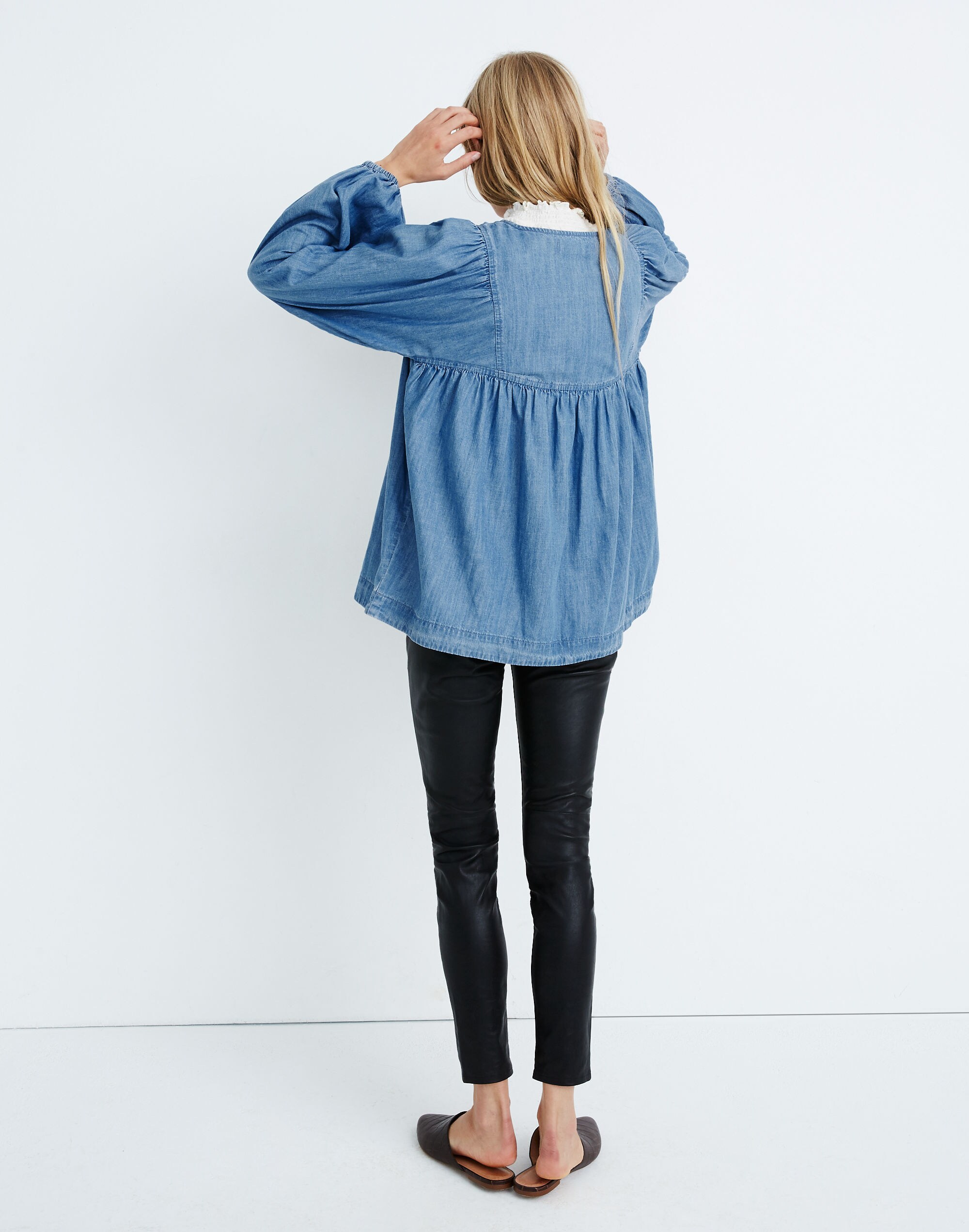Denim Shirred Balloon-Sleeve Peasant Top