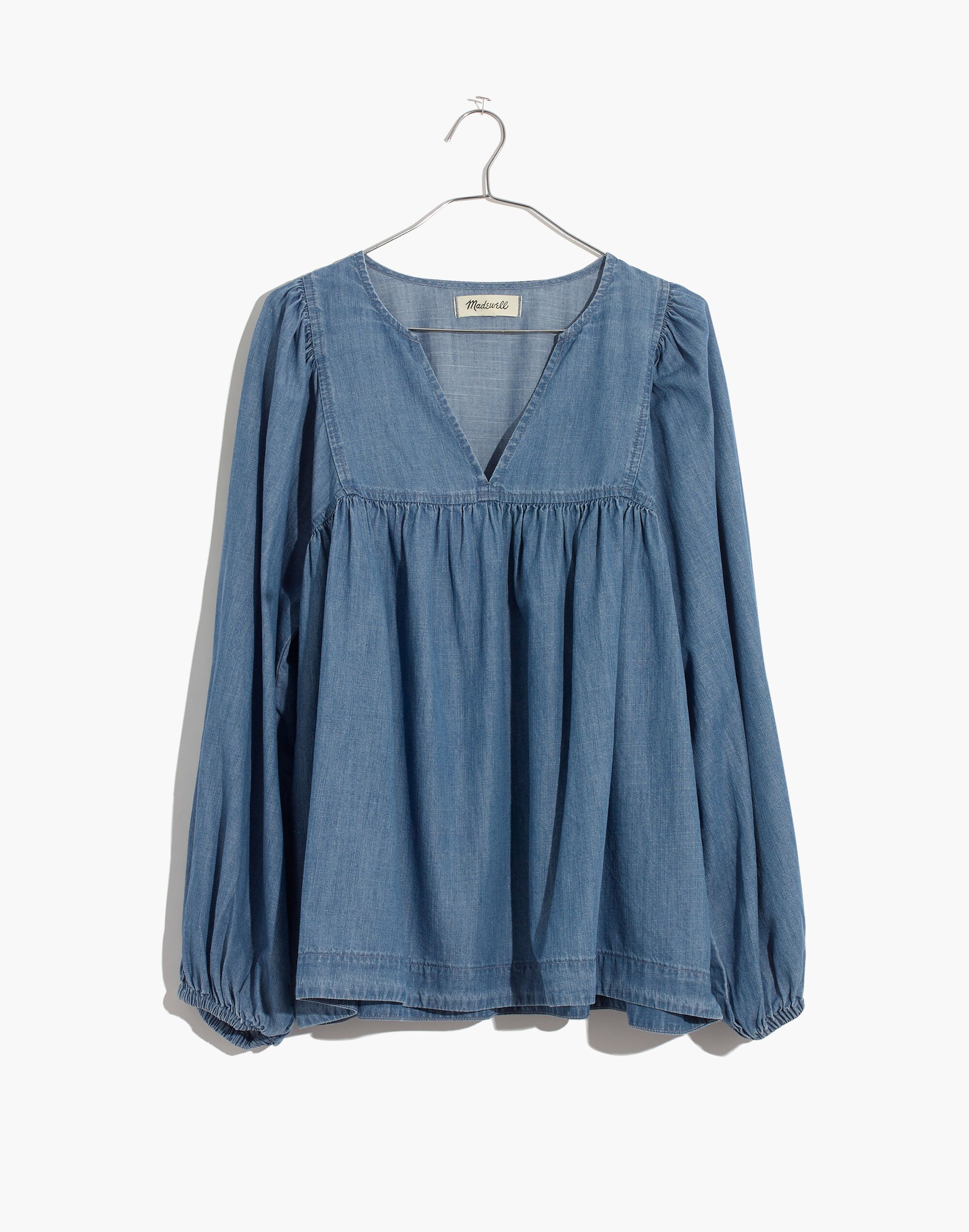 Denim Shirred Balloon-Sleeve Peasant Top