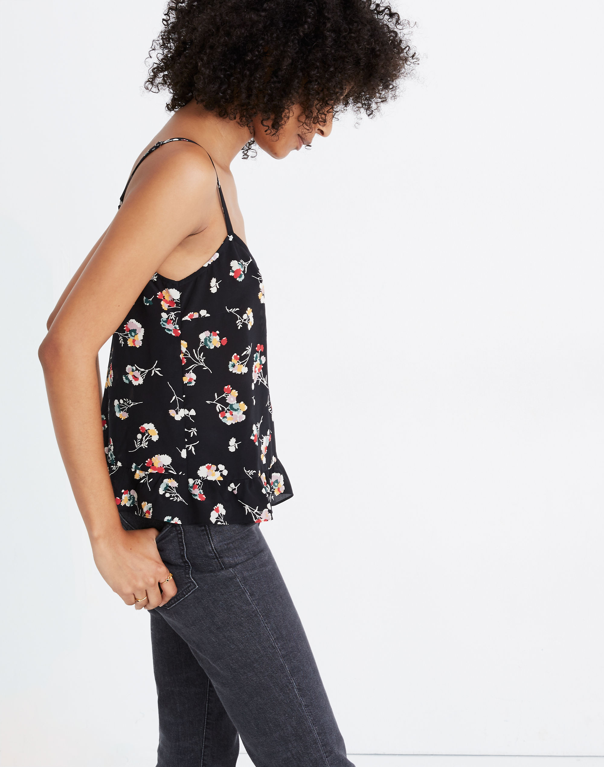 Silk Ruffle-Hem Cami Top in Carnation Toss