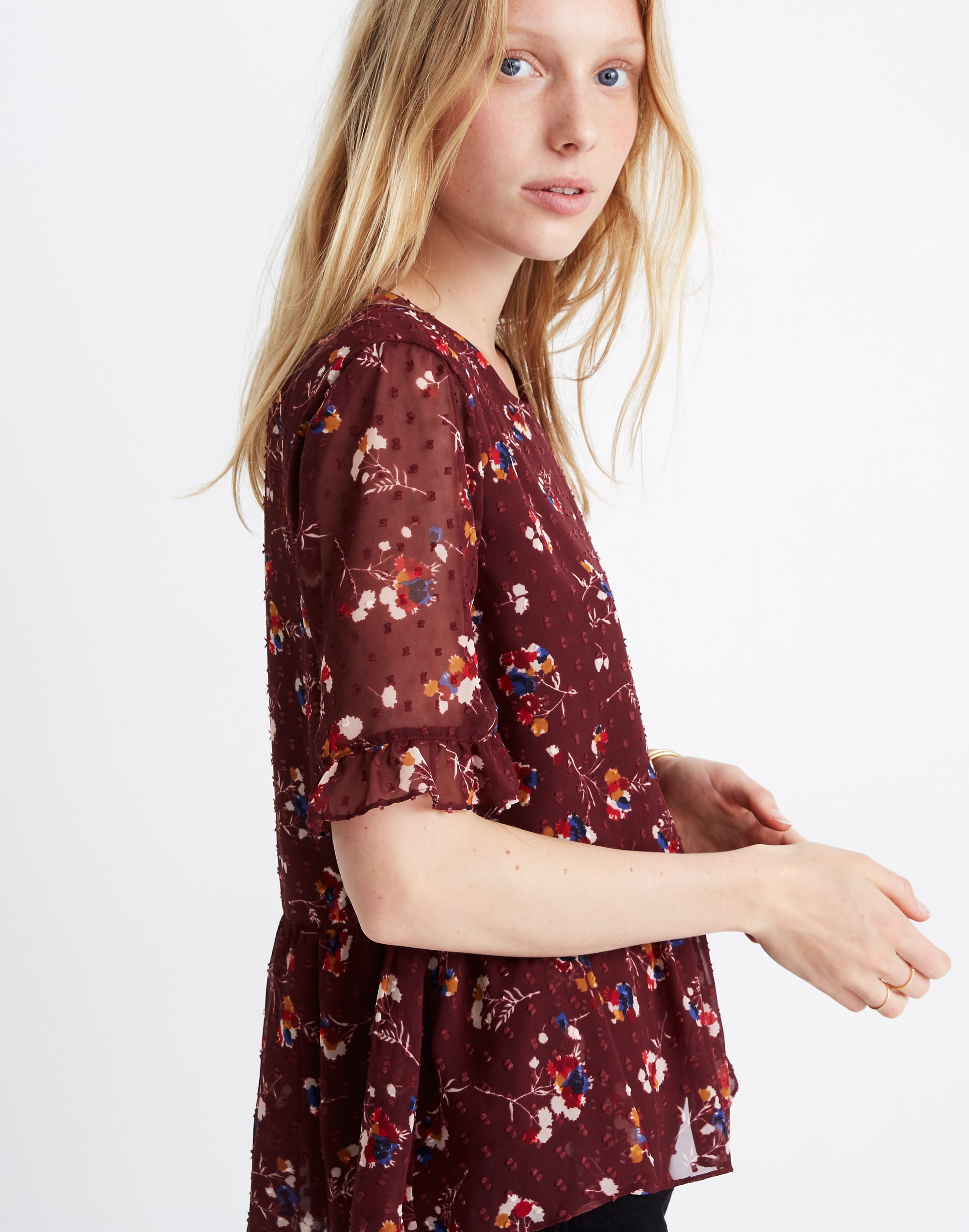 Ruffle Peplum Swing Top in Clipdot Carnation Toss