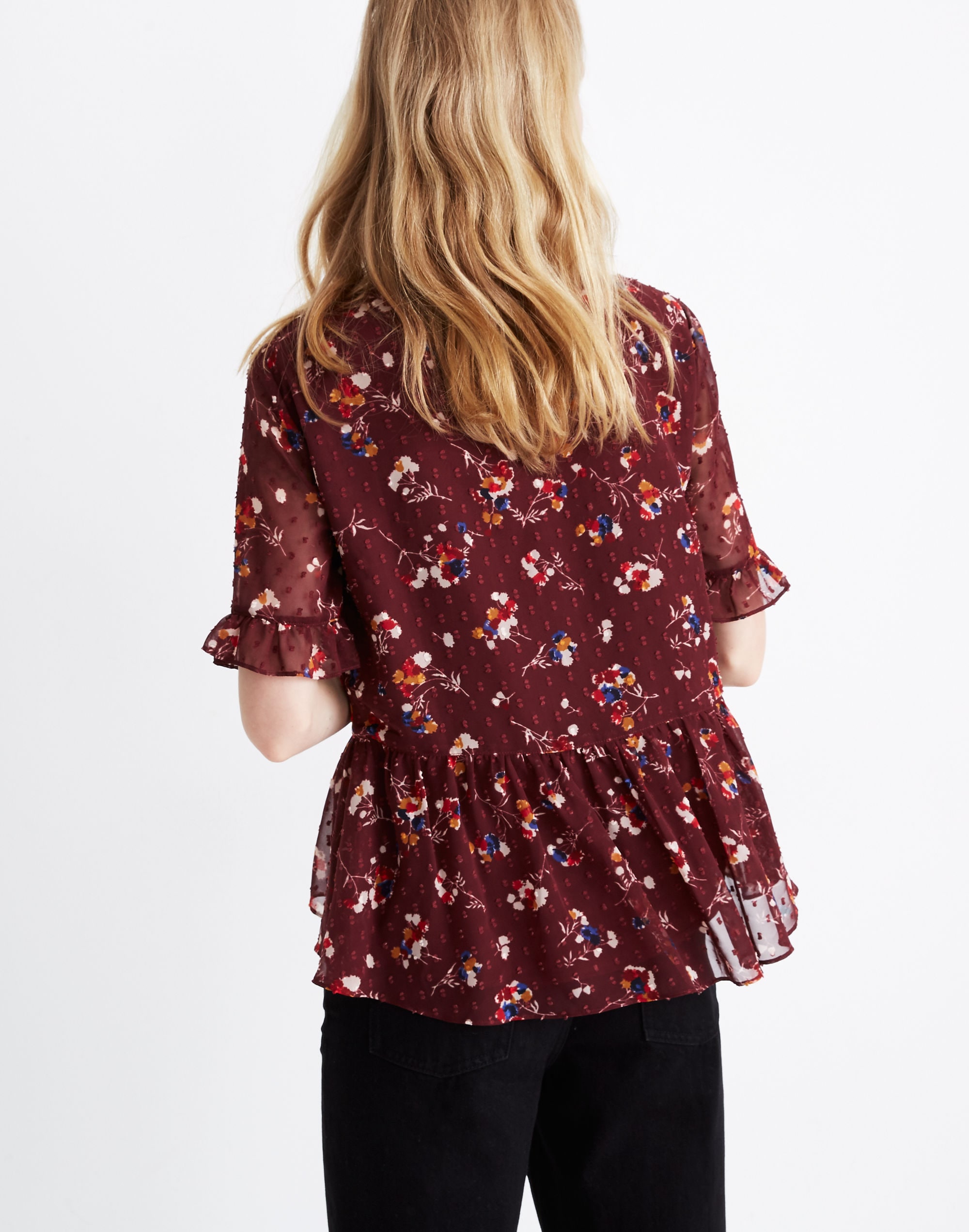 Ruffle Peplum Swing Top in Clipdot Carnation Toss