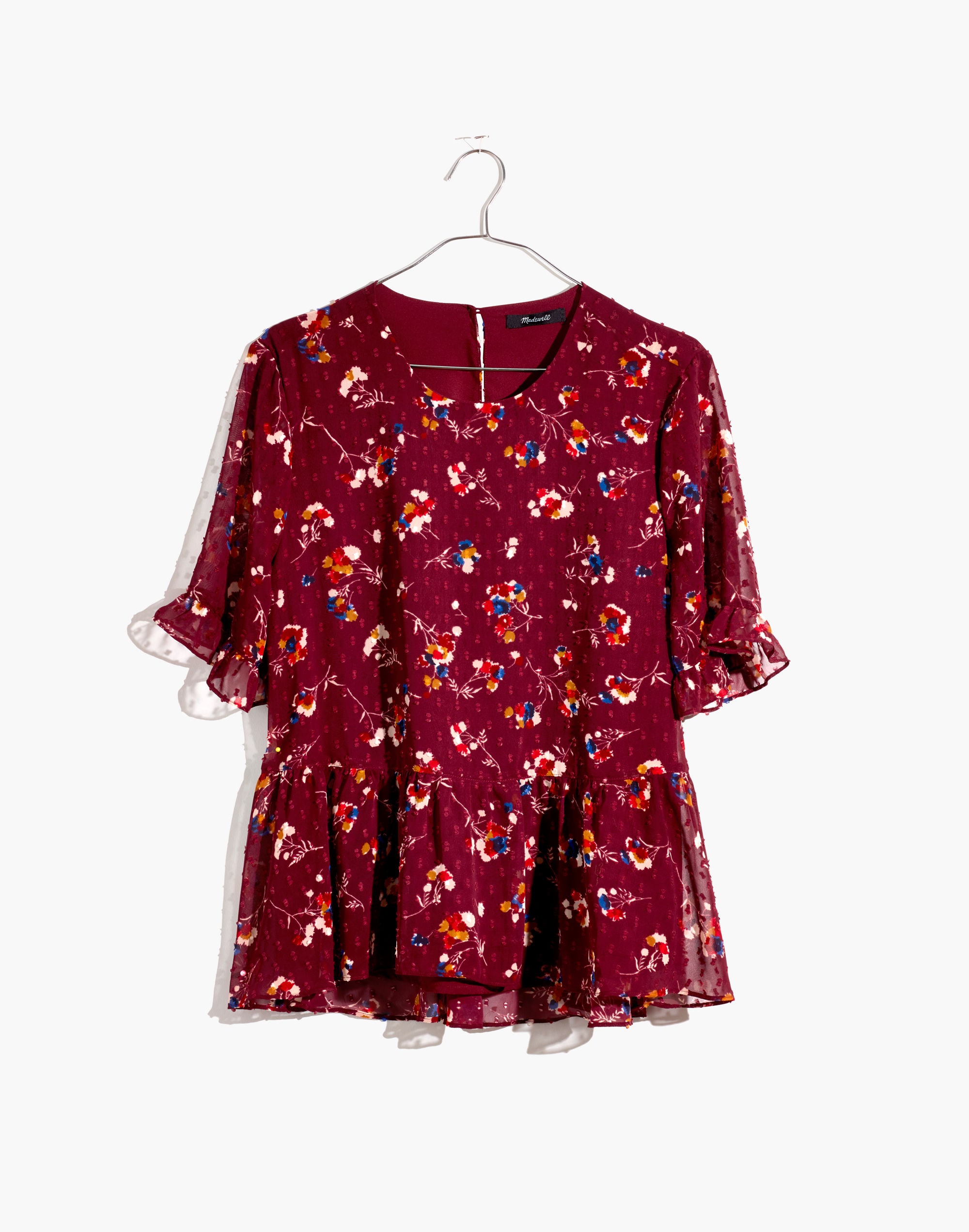 Ruffle Peplum Swing Top in Clipdot Carnation Toss