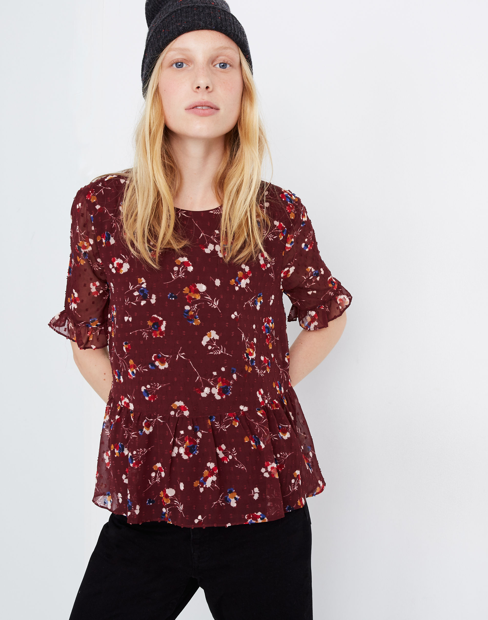 Ruffle Peplum Swing Top in Clipdot Carnation Toss