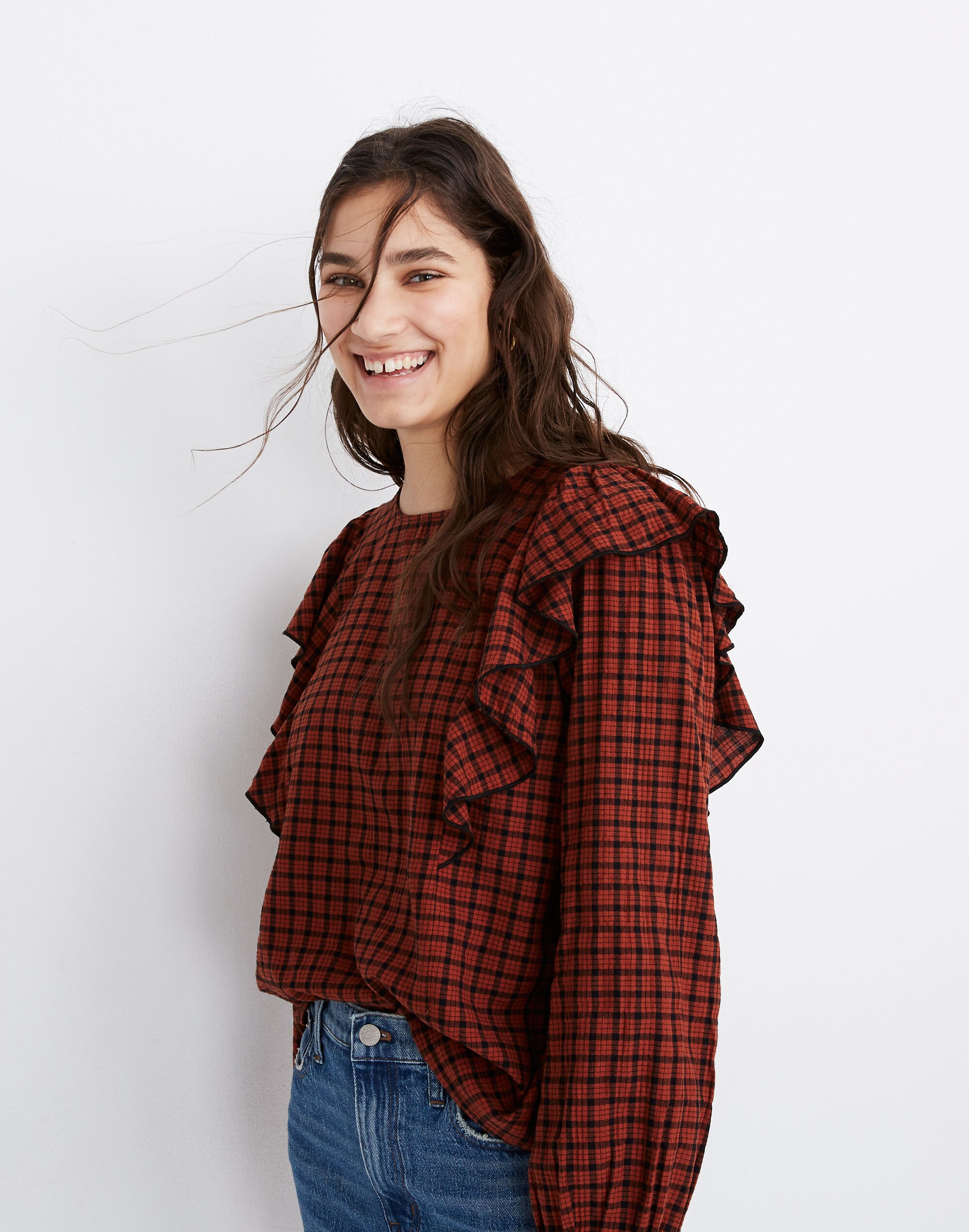 Ruffle-Front Top in Plaid