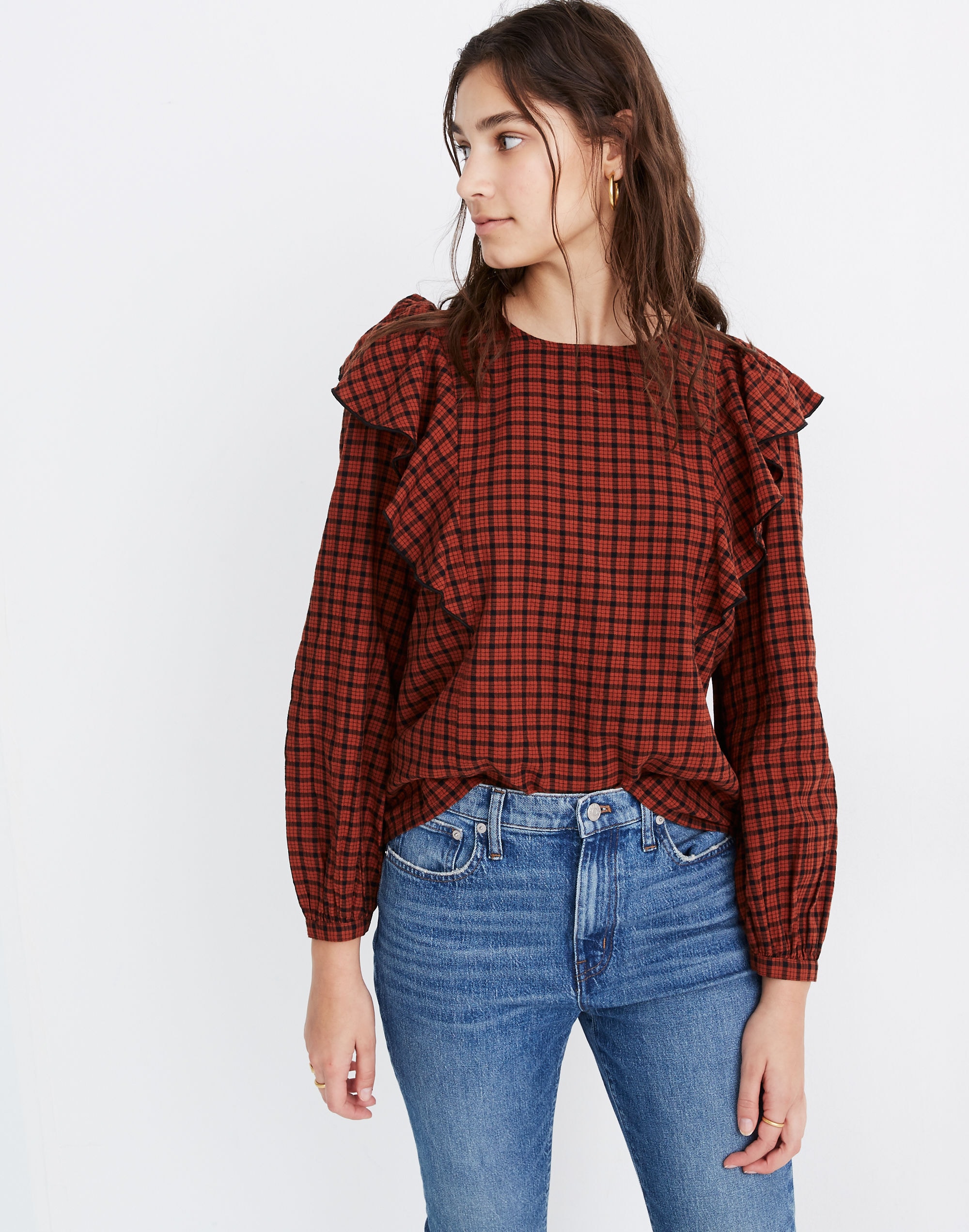 ruffle-front top in plaid