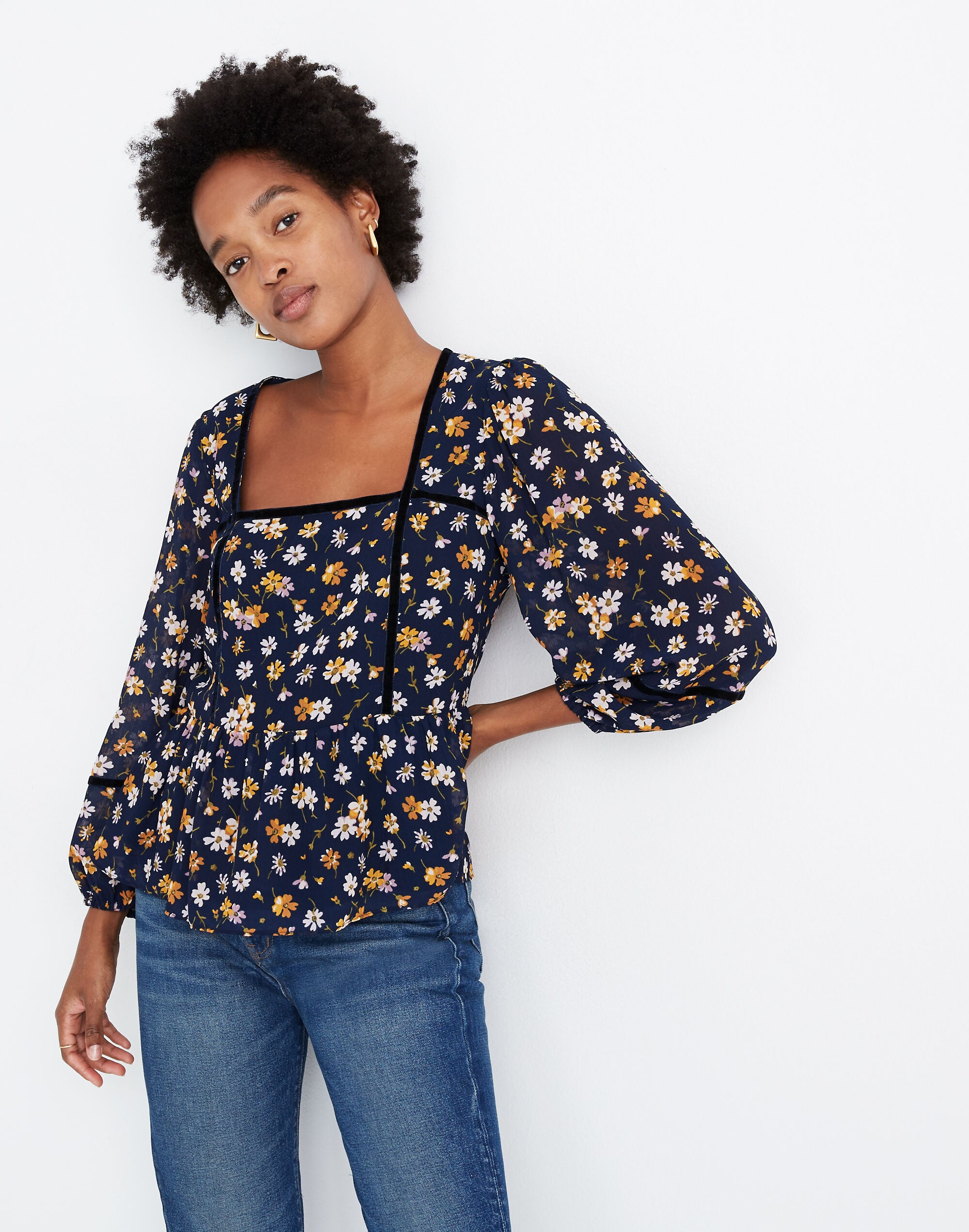 Velvet-Trimmed Square-Neck Top in Petal Party