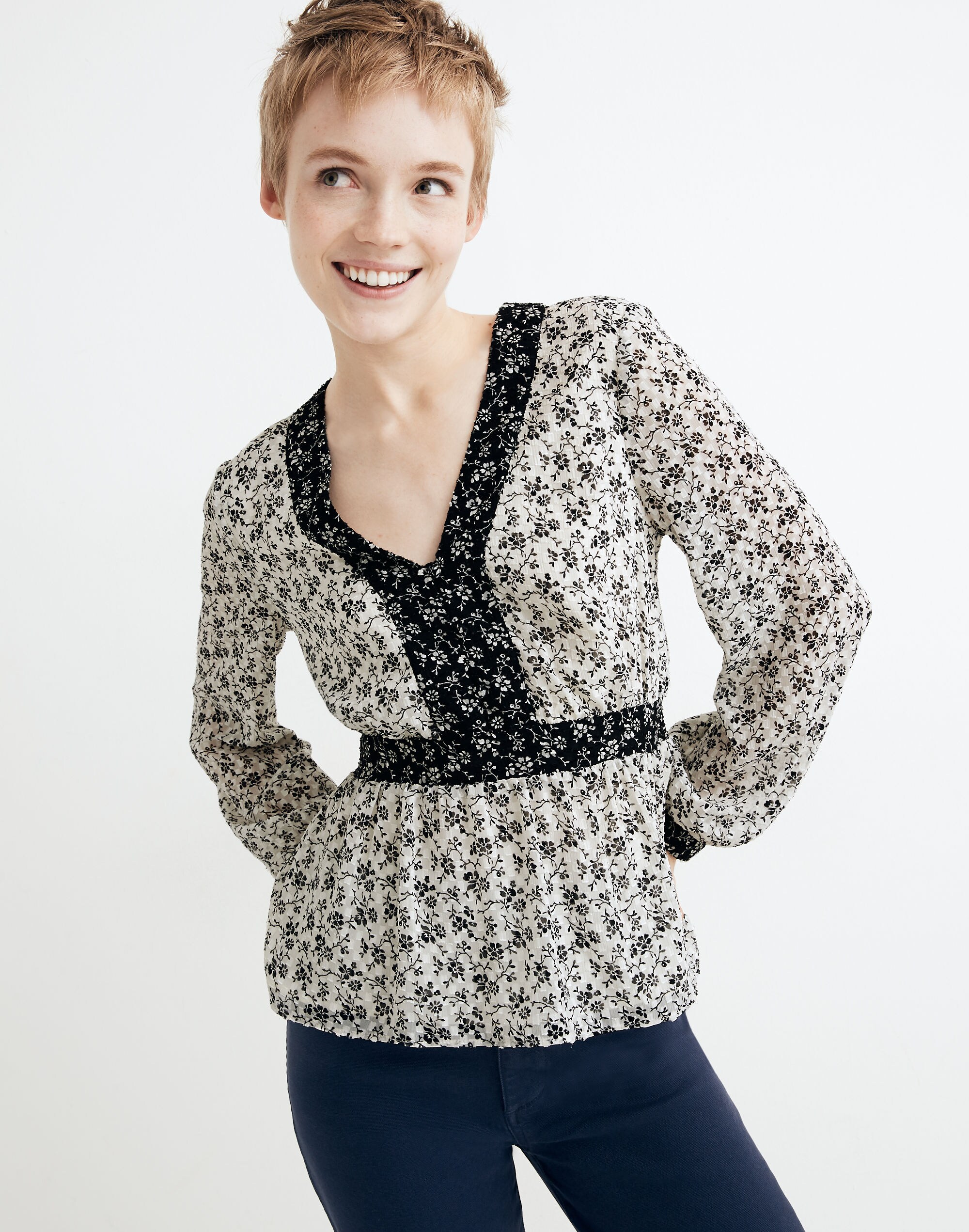 V-Neck Peplum Top in Clipdot Branch Floral