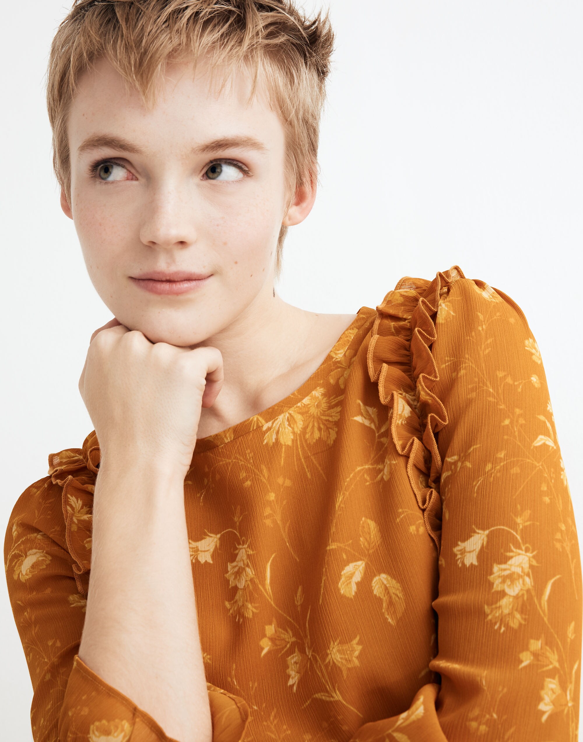 Ruffle-Shoulder Peplum Top in Tonal Botanical