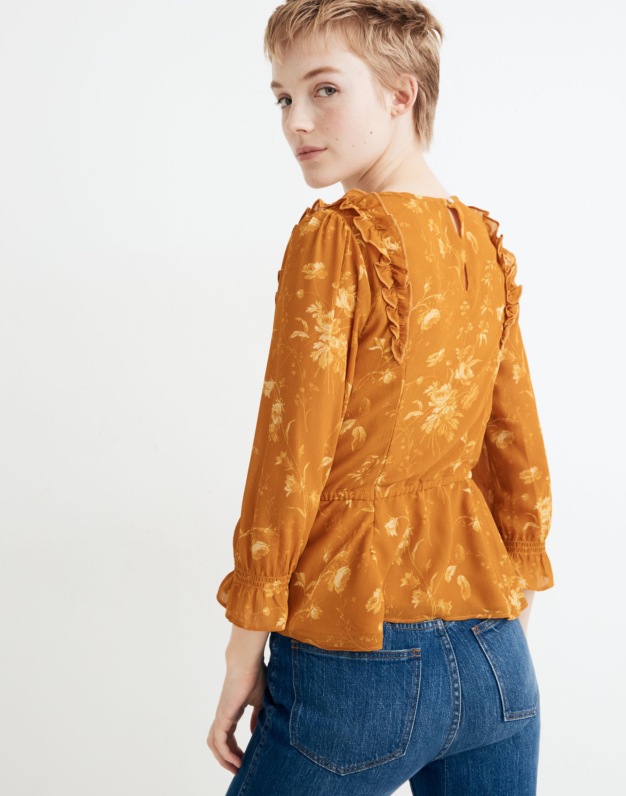 Ruffle-Shoulder Peplum Top in Tonal Botanical