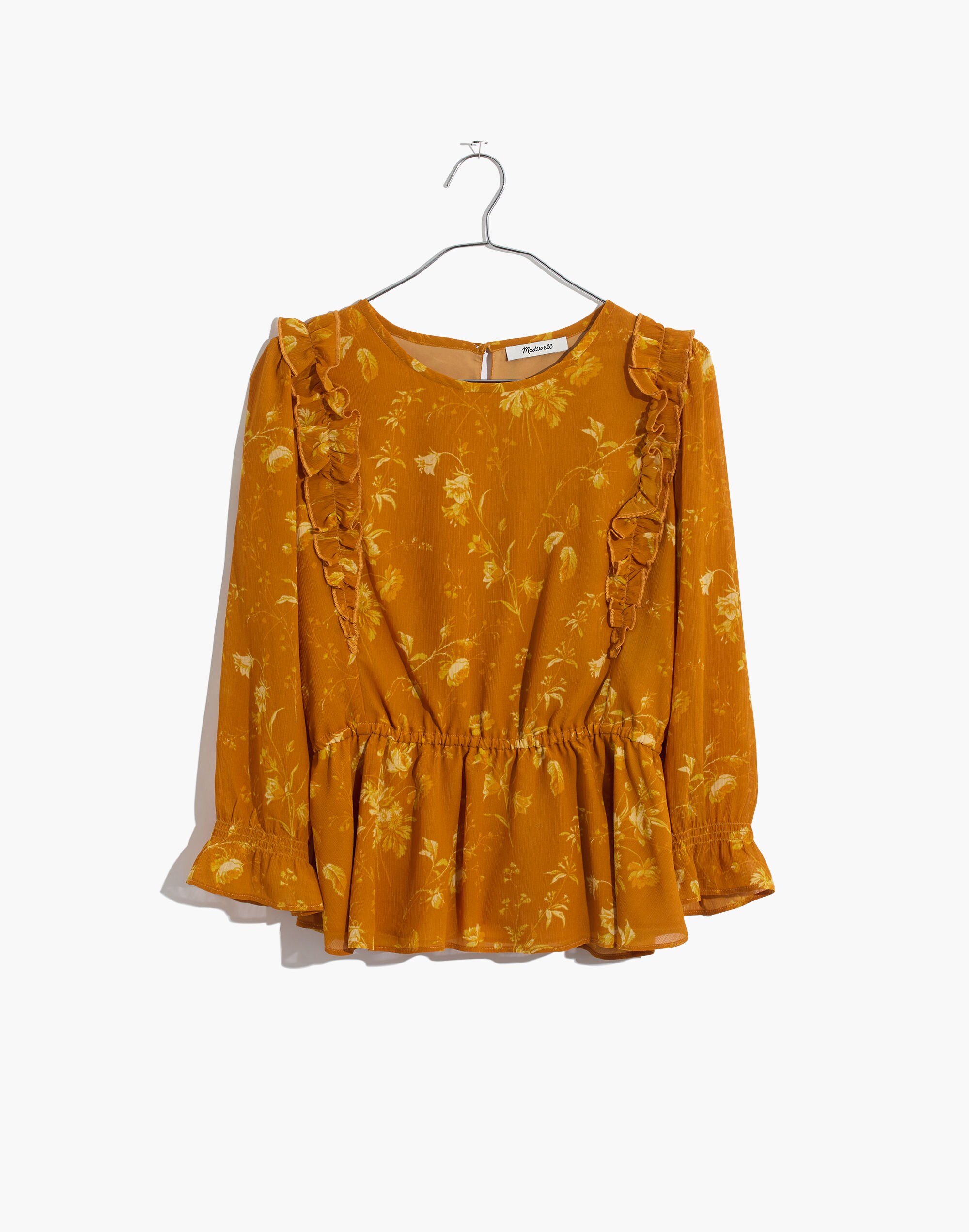 Ruffle-Shoulder Peplum Top in Tonal Botanical