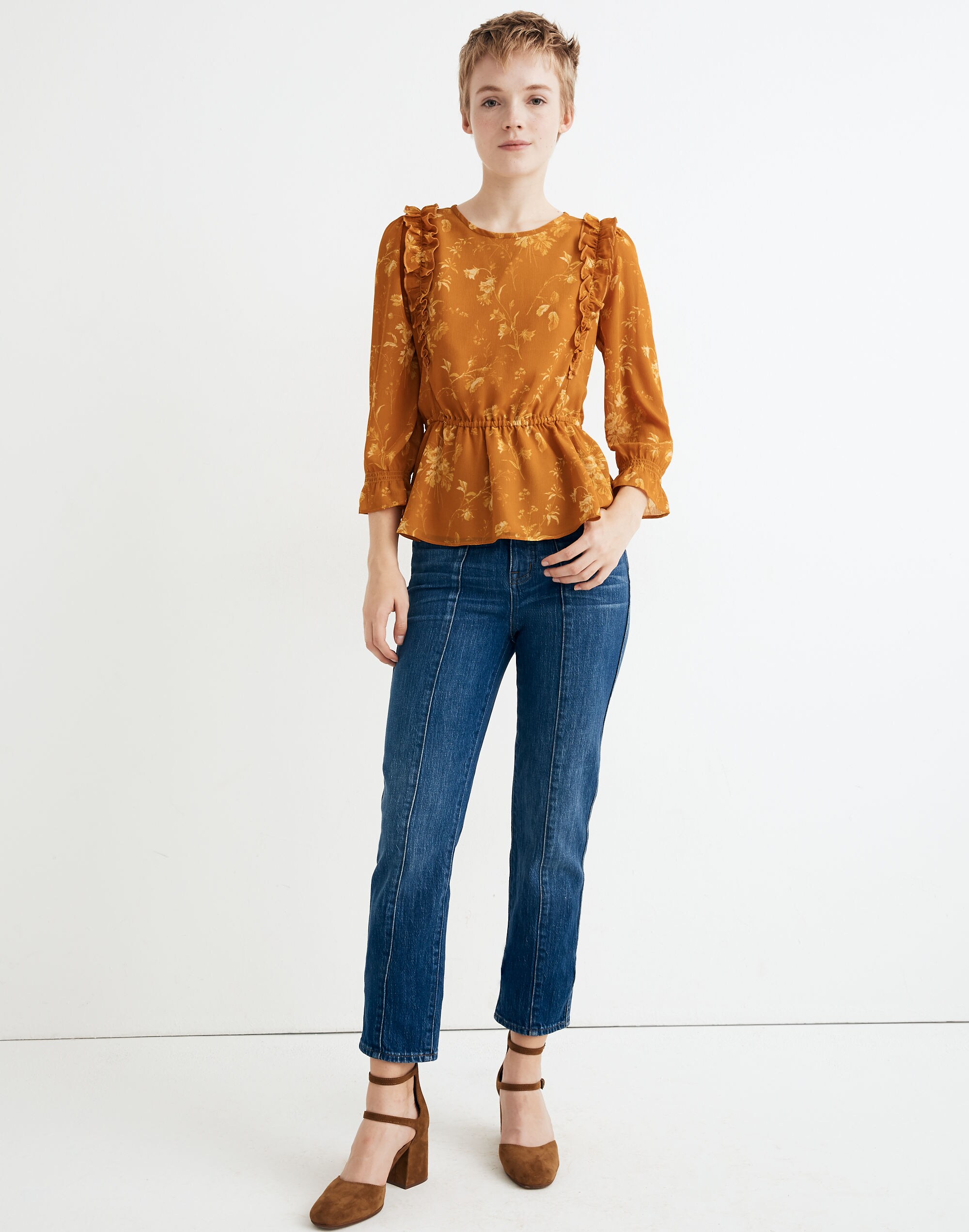 Ruffle-Shoulder Peplum Top in Tonal Botanical