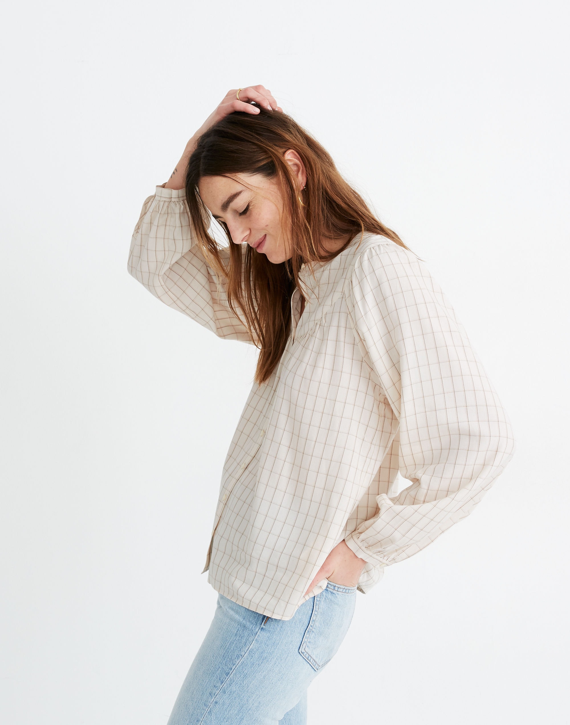 Balloon-Sleeve Peasant Top in Windowpane