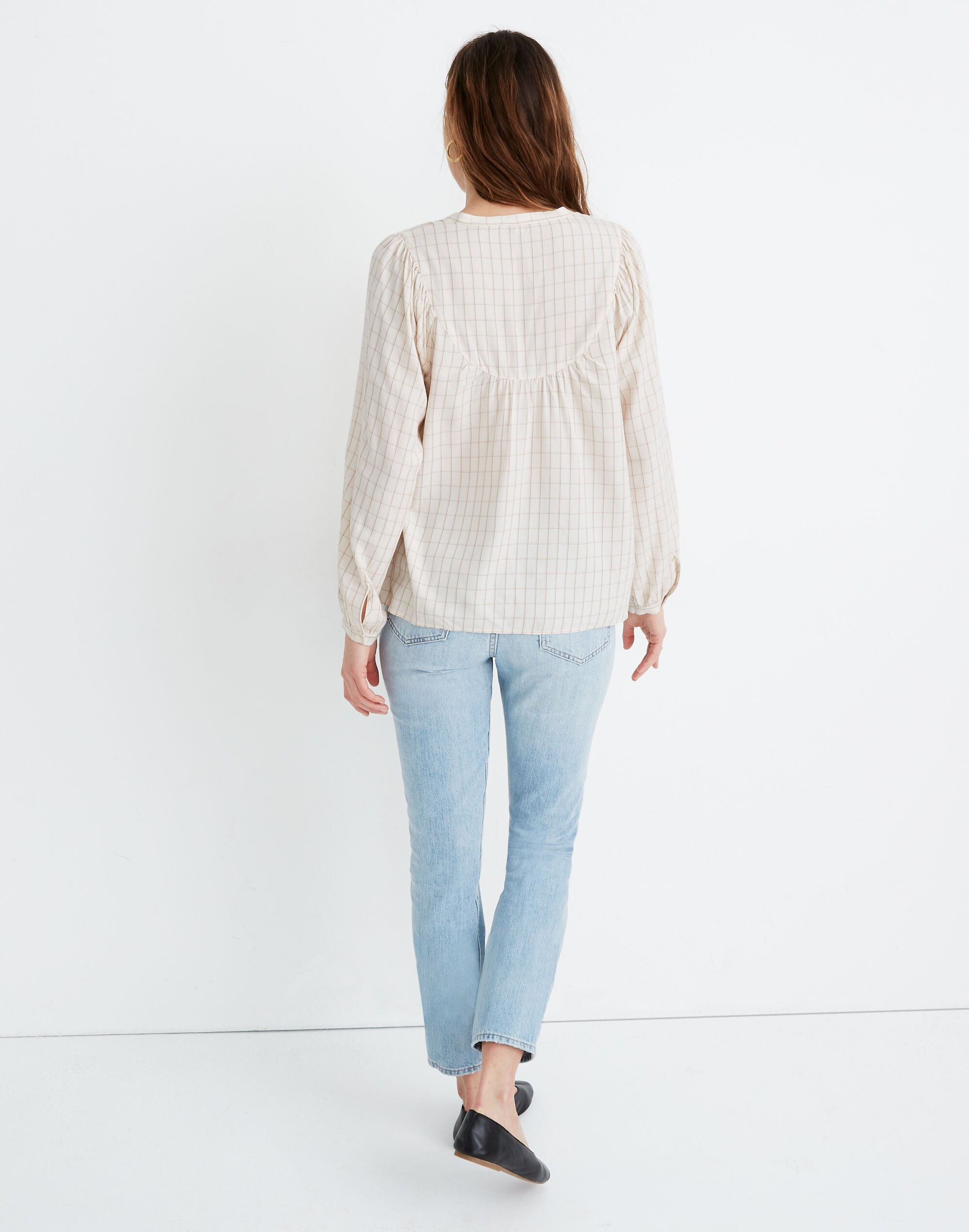 Balloon-Sleeve Peasant Top in Windowpane