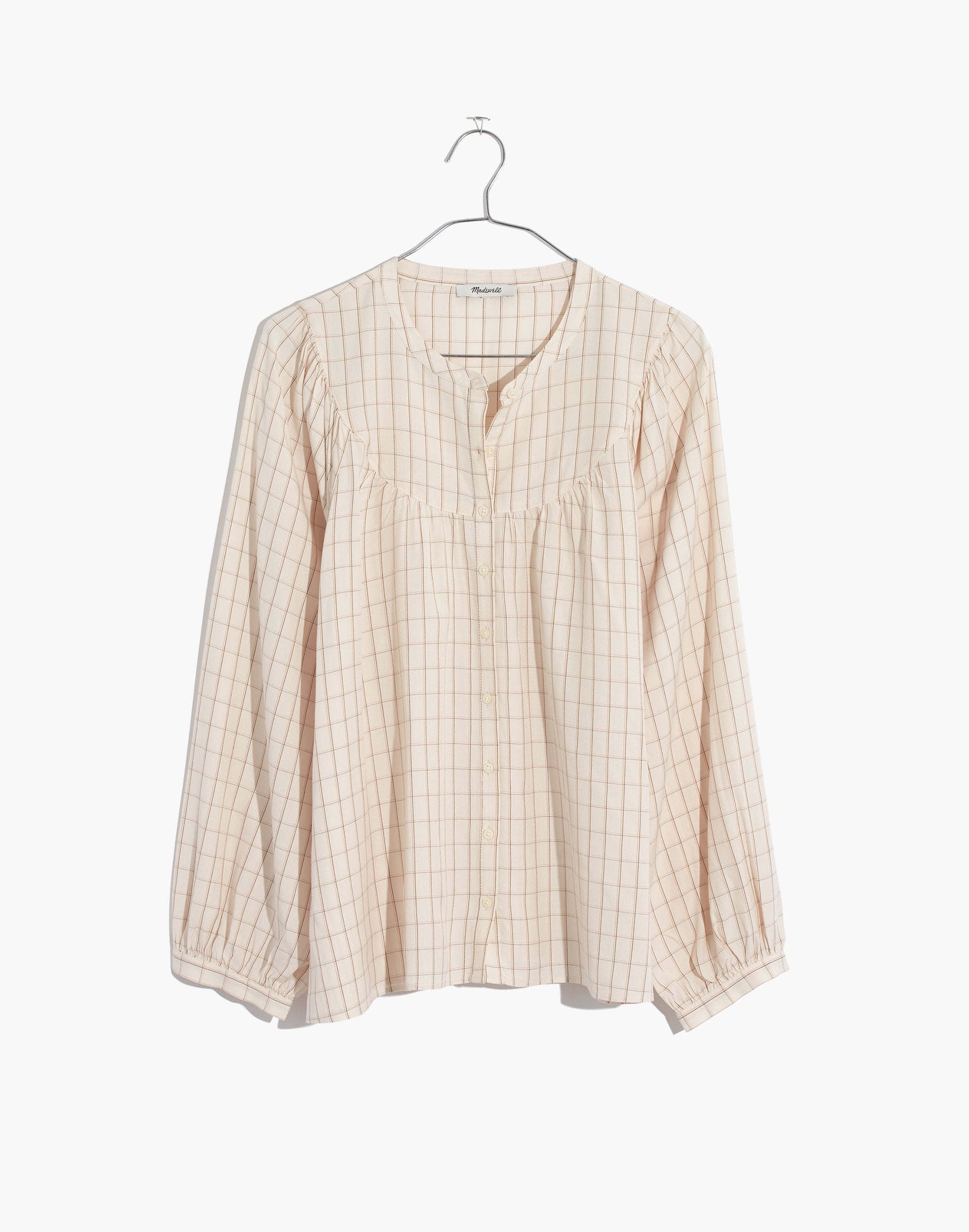 Balloon-Sleeve Peasant Top in Windowpane