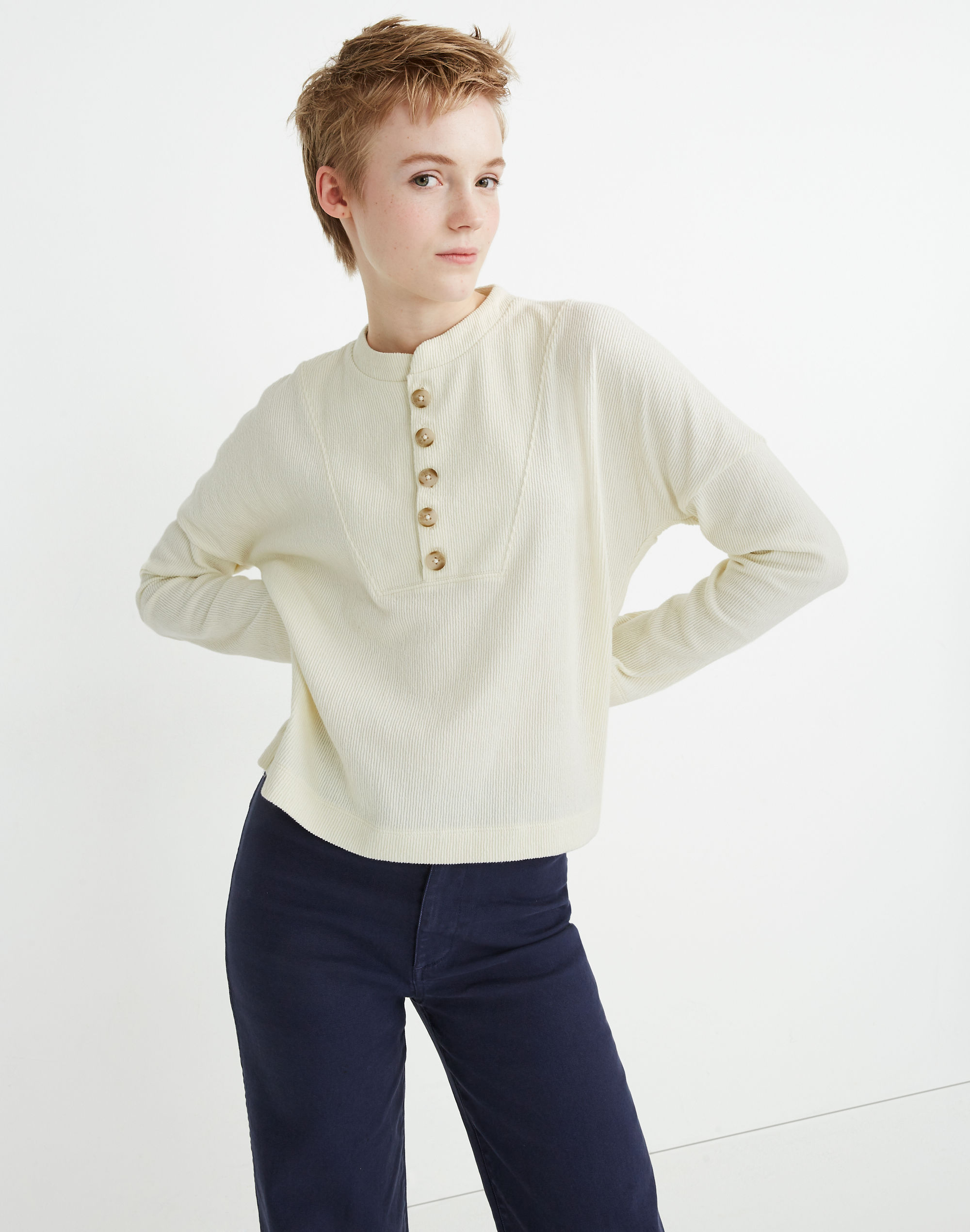 Texture &amp; Thread Seamed Henley Top