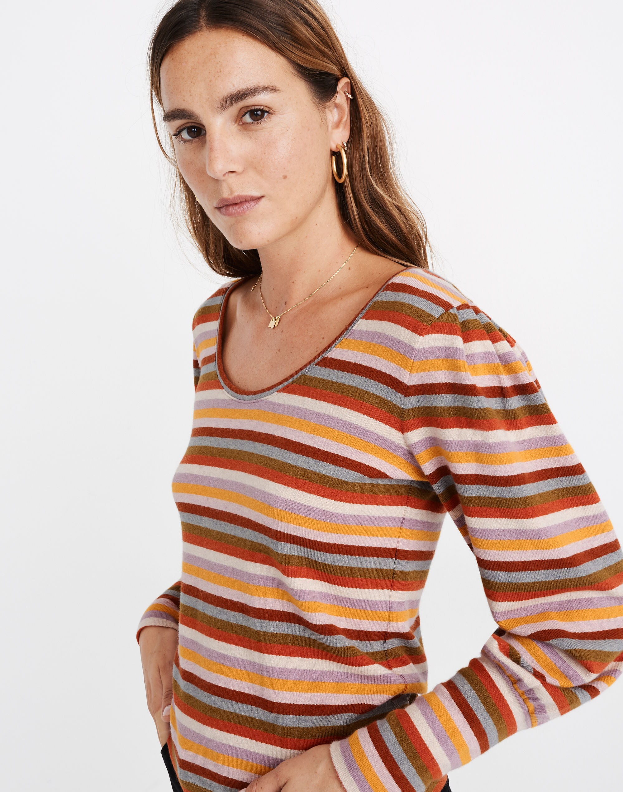Striped Puff-Sleeve Scoopneck Top