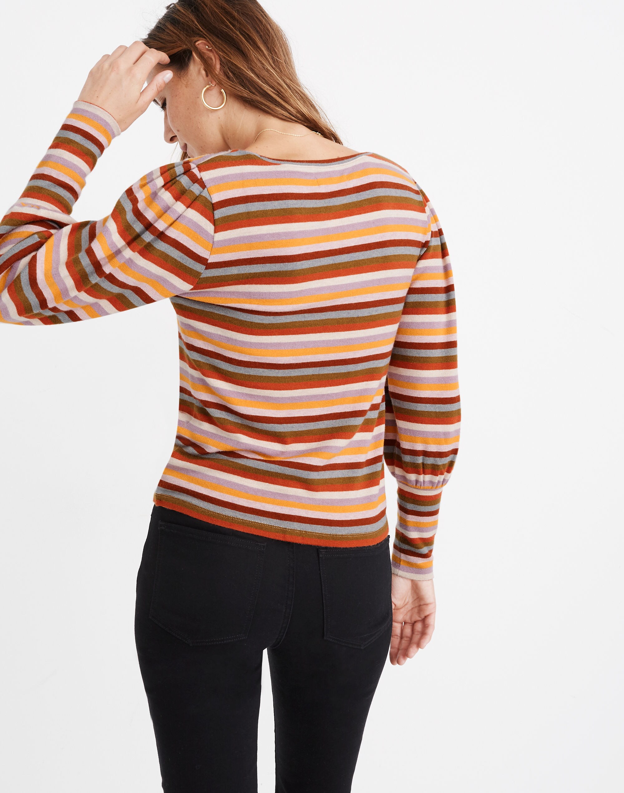 Striped Puff-Sleeve Scoopneck Top