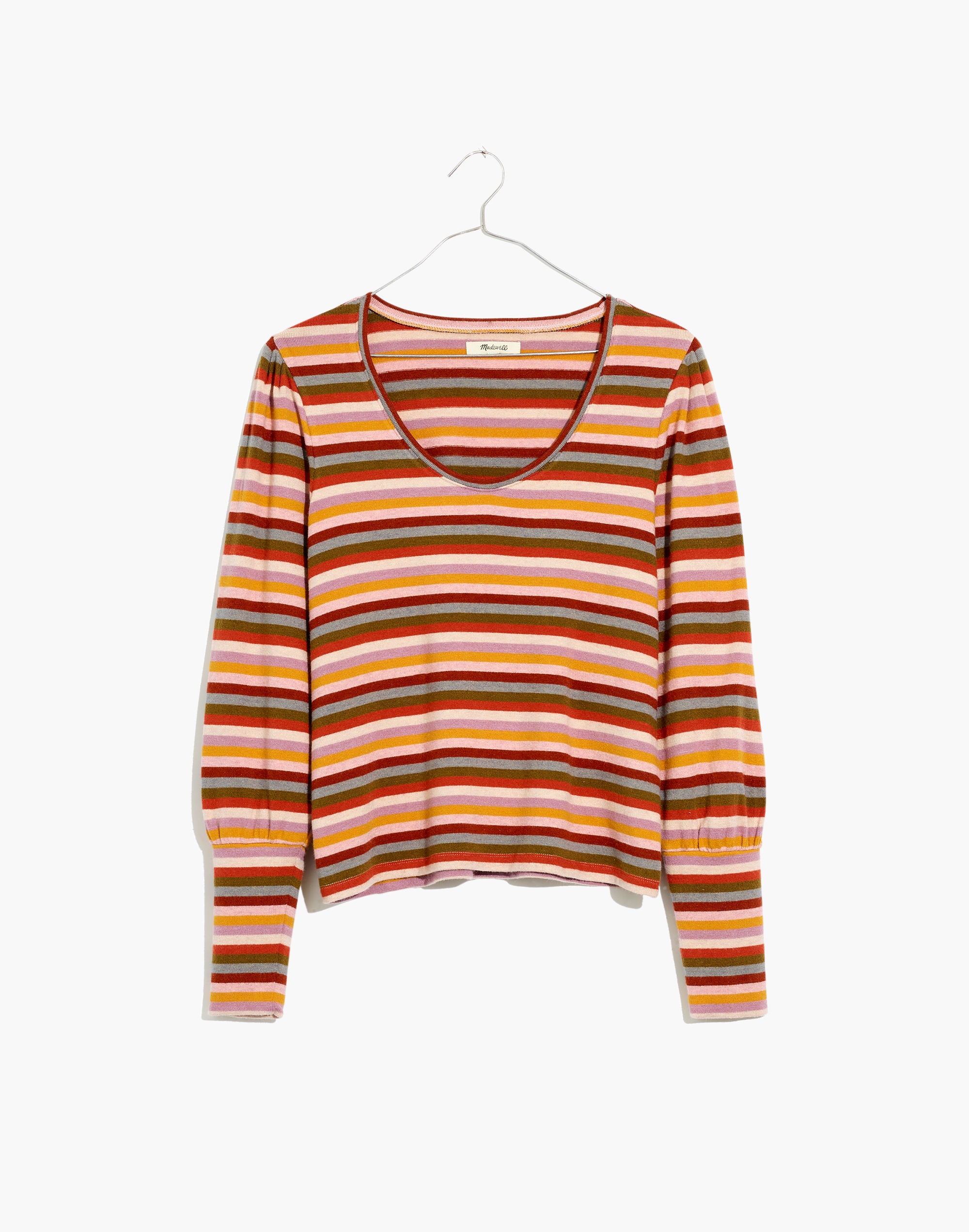 Striped Puff-Sleeve Scoopneck Top