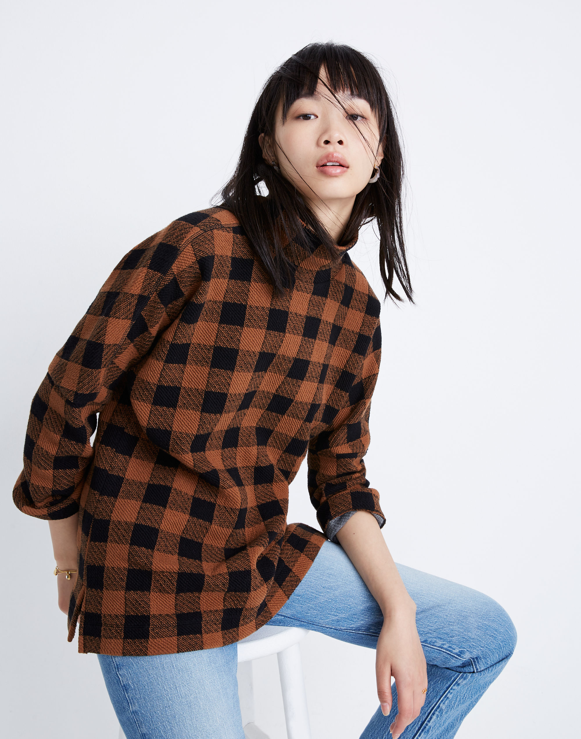 Drop-Shoulder Mockneck Top in Buffalo Plaid
